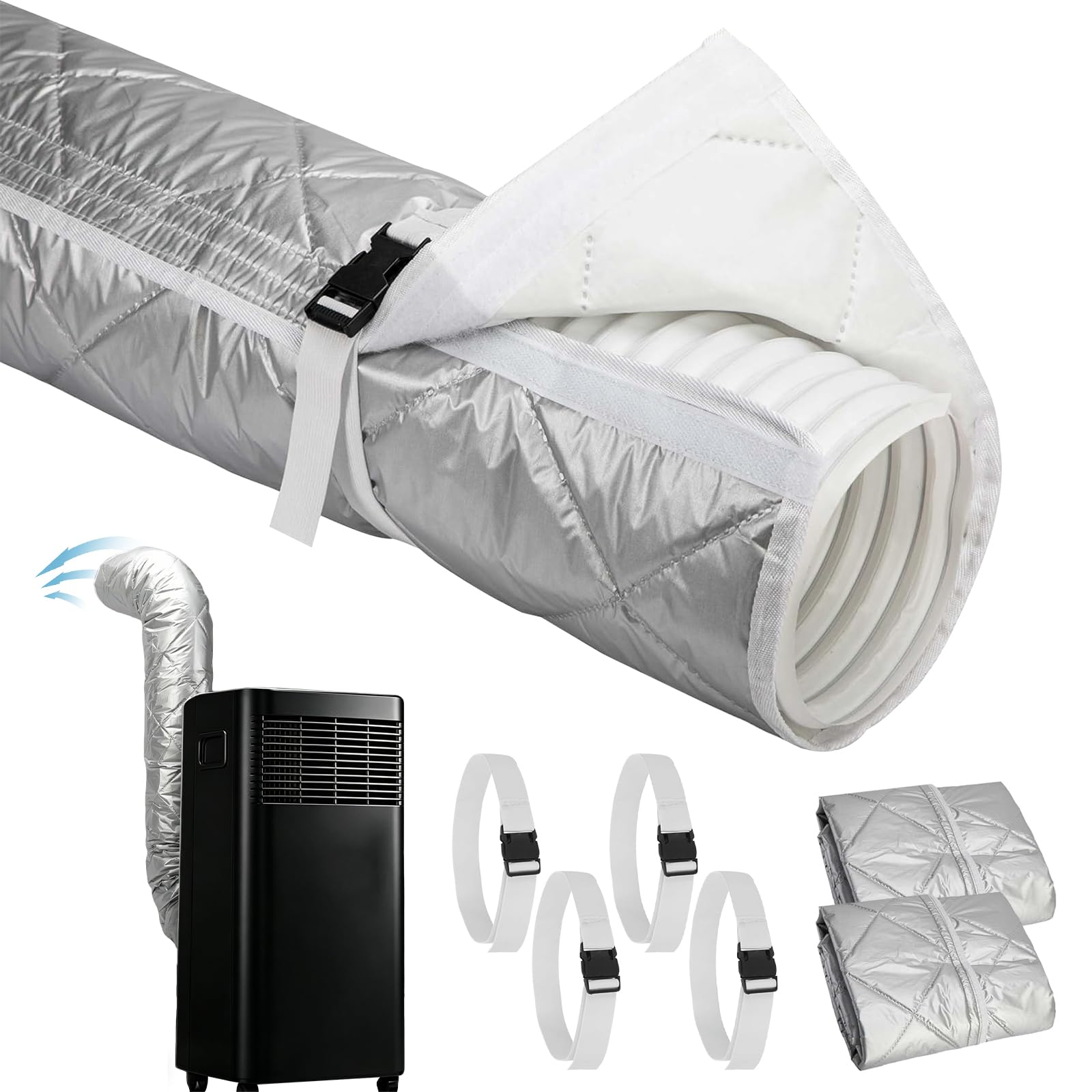2 Stück 150x58CM Klimaanlage Abluftschlauch Isolierung für Ø15CM Abluftschläuche, Gesteppte Klimaschlauch Abdeckung für Mobile Klimageräte mit Klettverschluss und Verstellbaren Gurten(Silber, 2 Set)