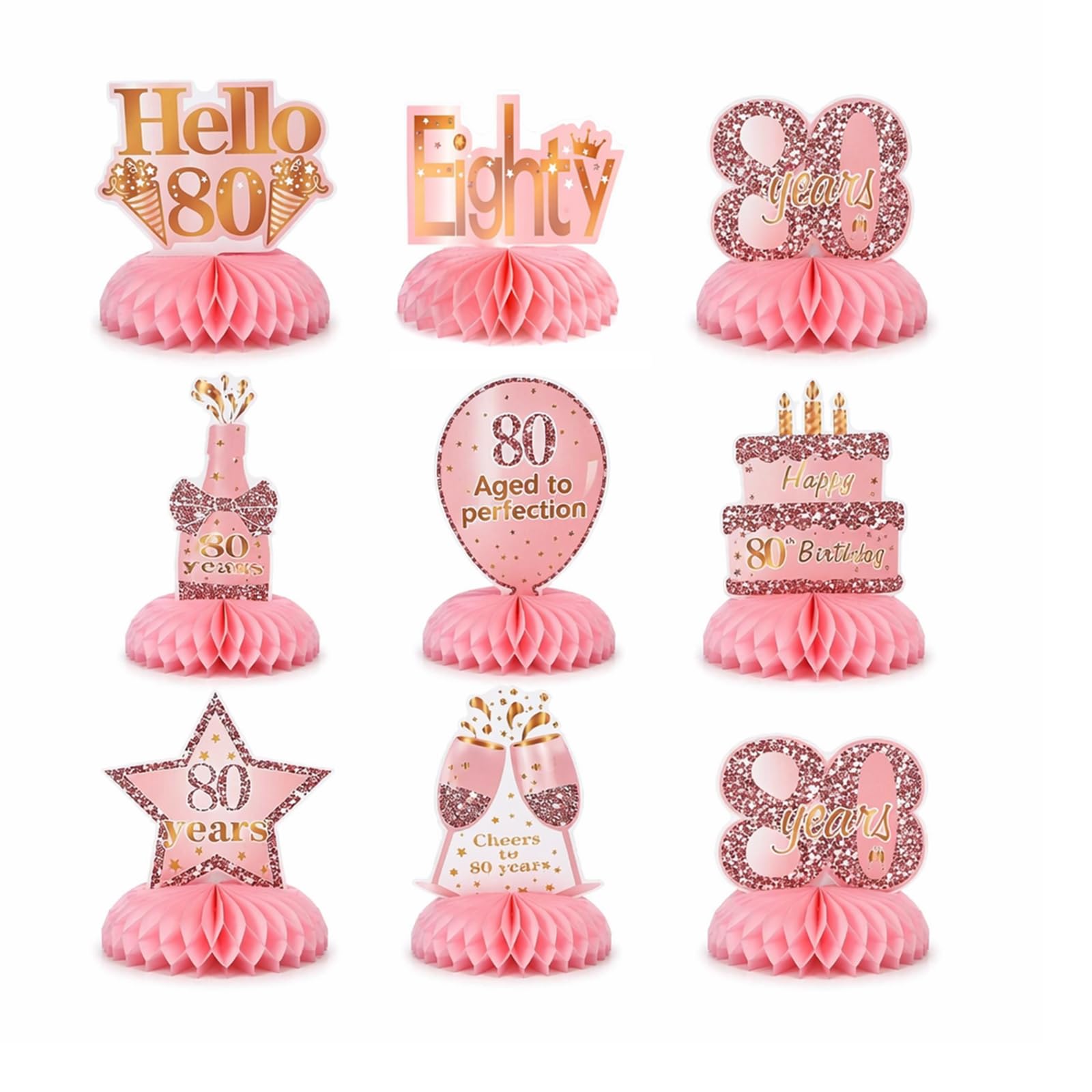 80th Birthday Honeycomb Decorations - 9 Pcs Rose Gold Table Centerpieces for 80th Birthday Party, Happy 80th Birthday Table Decorations Party Supplies for Women Girls (Rose Gold 80th)