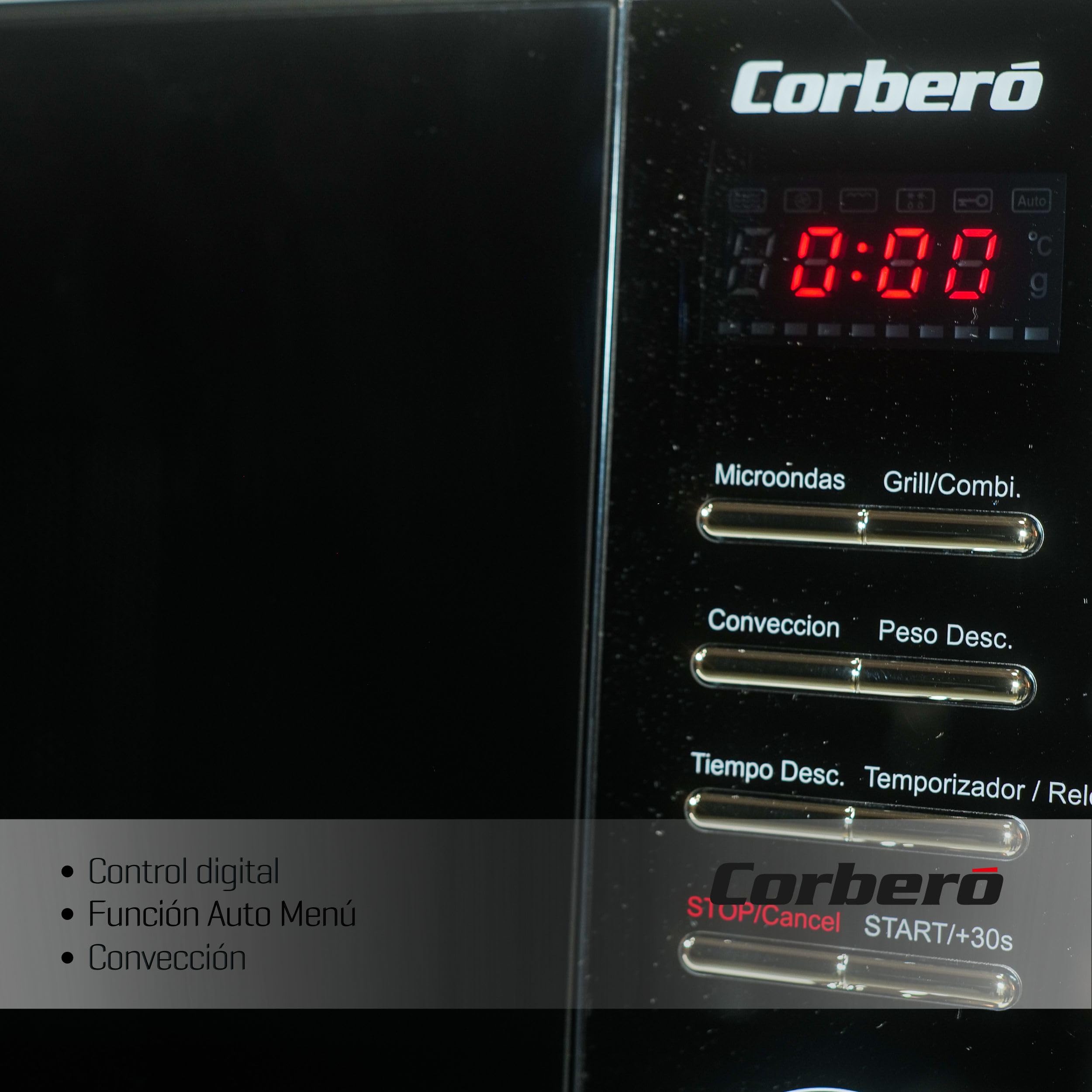 Corberó - Microondas Convección | CMICM9023DCB | 23L | 900W | Con Grill | 6 Niveles Potencia | Auto Menú | Descongelar | Control Digital | Plato Giratorio | Negro/Inox