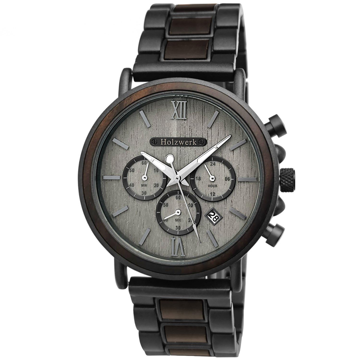 Holzwerk Germany Reloj de diseño hecho a mano para hombre, reloj de madera natural, reloj cronógrafo, analógico, cuarzo, marrón, negro, gris, números romanos, fecha, madera