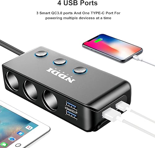 Miniatura 5 de NDDI POWER - Divisor de encendedor de cigarrillos, adaptador de coche de 3 enchufes de 12 V24 V con 20 W PD3.0 USB-C y tres puertos USB QC3.0