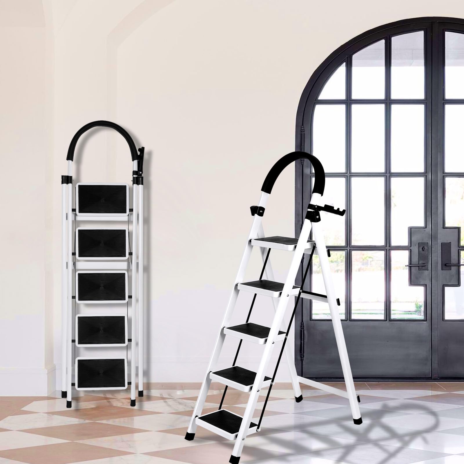 Escalera plegable de 5 peldaños, escalera plegable de 5 niveles, con bandeja para herramientas y pasamanos, escalera doméstica para casa, cocina, trastero, armarios, oficina, color: blanco