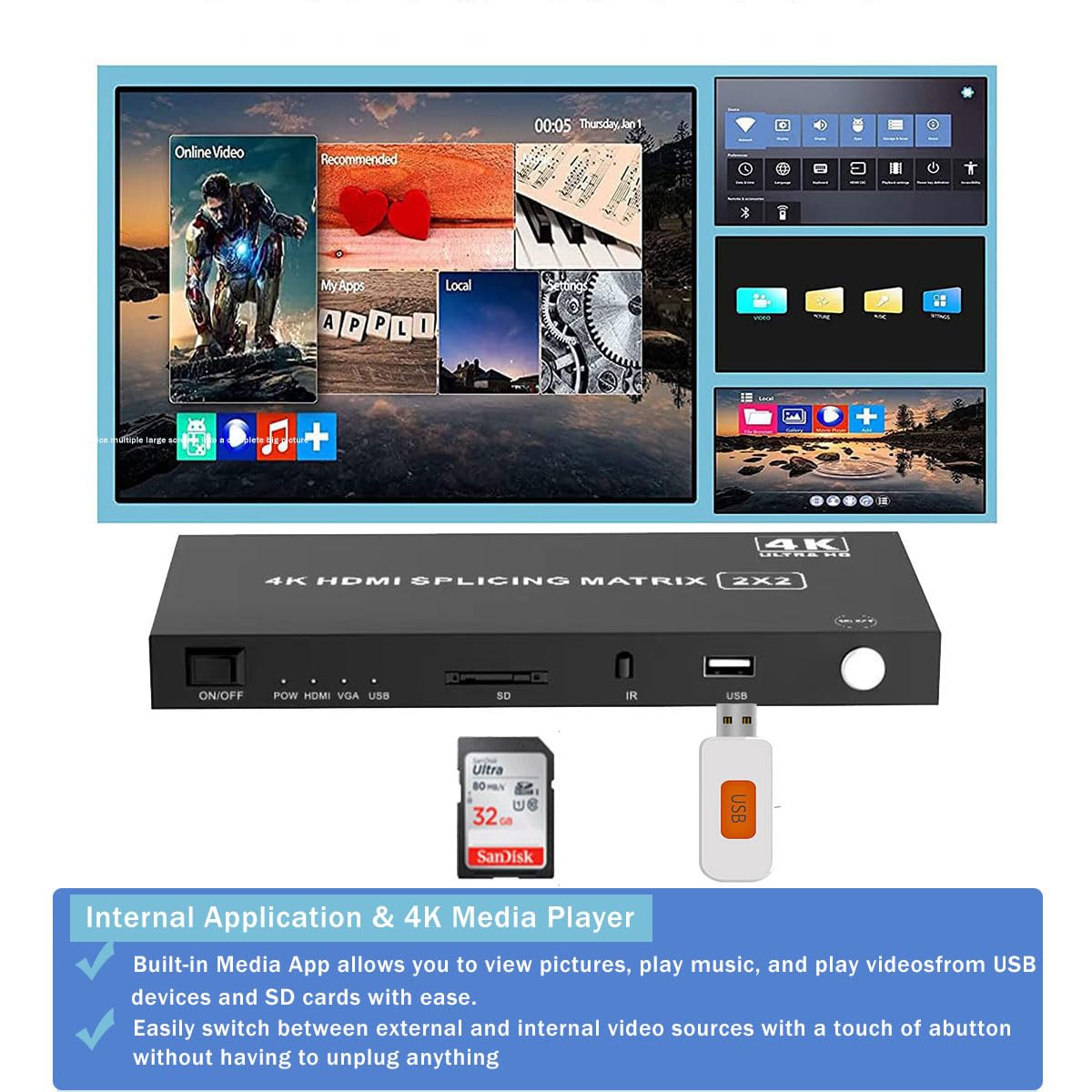Contrôleur Mural HDMI 4 entrées 4 Sorties 2x2, HDMI & VGA & USB & SD Support Entrée 4K Contrôleur Mural TV, Rotation 180 degrés 1x2,1x3,1x4,2x2,2x1,3x1x4x1