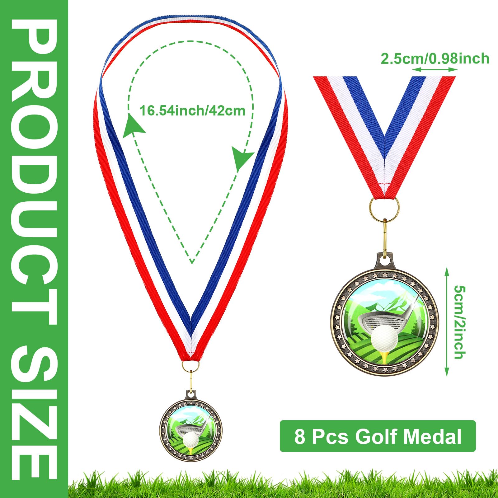 Inbagi 8 medallas de color de golf de 2 pulgadas, medalla de golf de oro con cinta de cuello roja, blanca y azul, para niños y adultos, torneo de golf