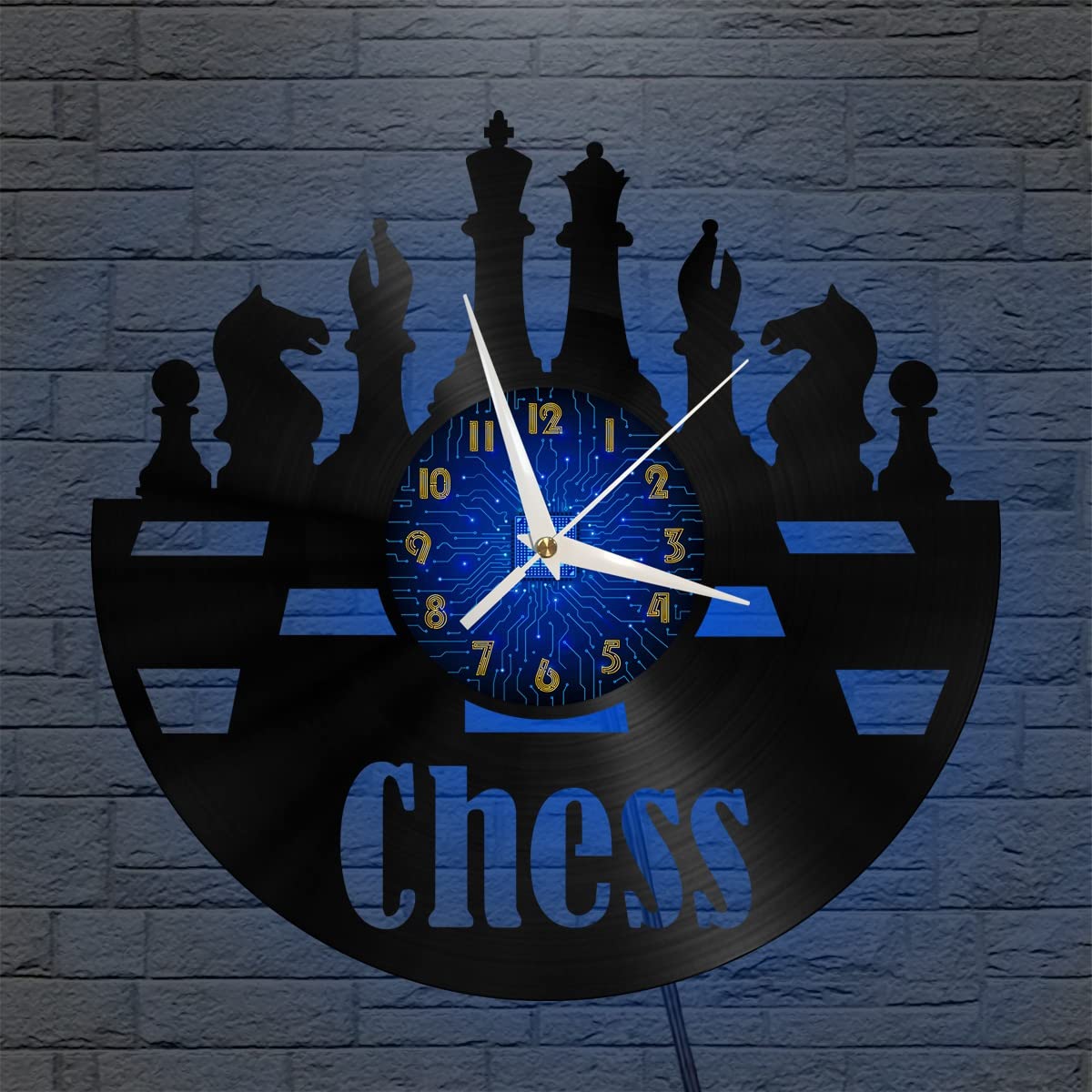 XDGC International Horloge Murale en Vinyle d'échecs, Vinyle Horloge Murale Art Noir 12 Pouces pour Salon Chambre Cadeau Créatif (12 Pouces B avec LED)