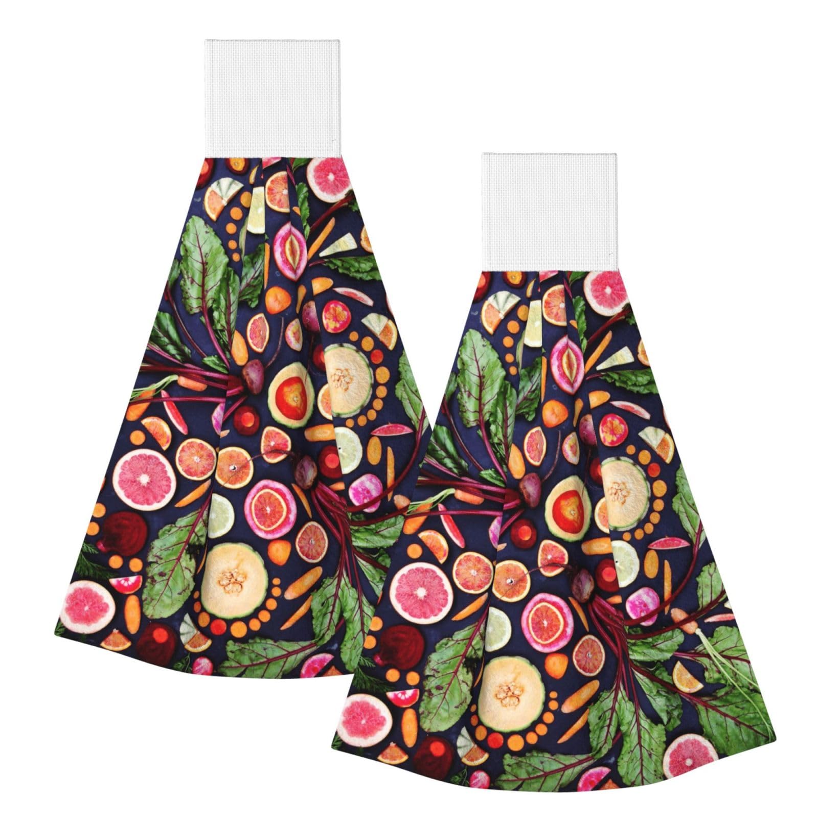 DOPKLNA Vegan Live Fruits Vegetables Print, 2 Pcs Hanging Coral Fiber Hand Towels for Bathroom, Absorbent Kitchen Towels
