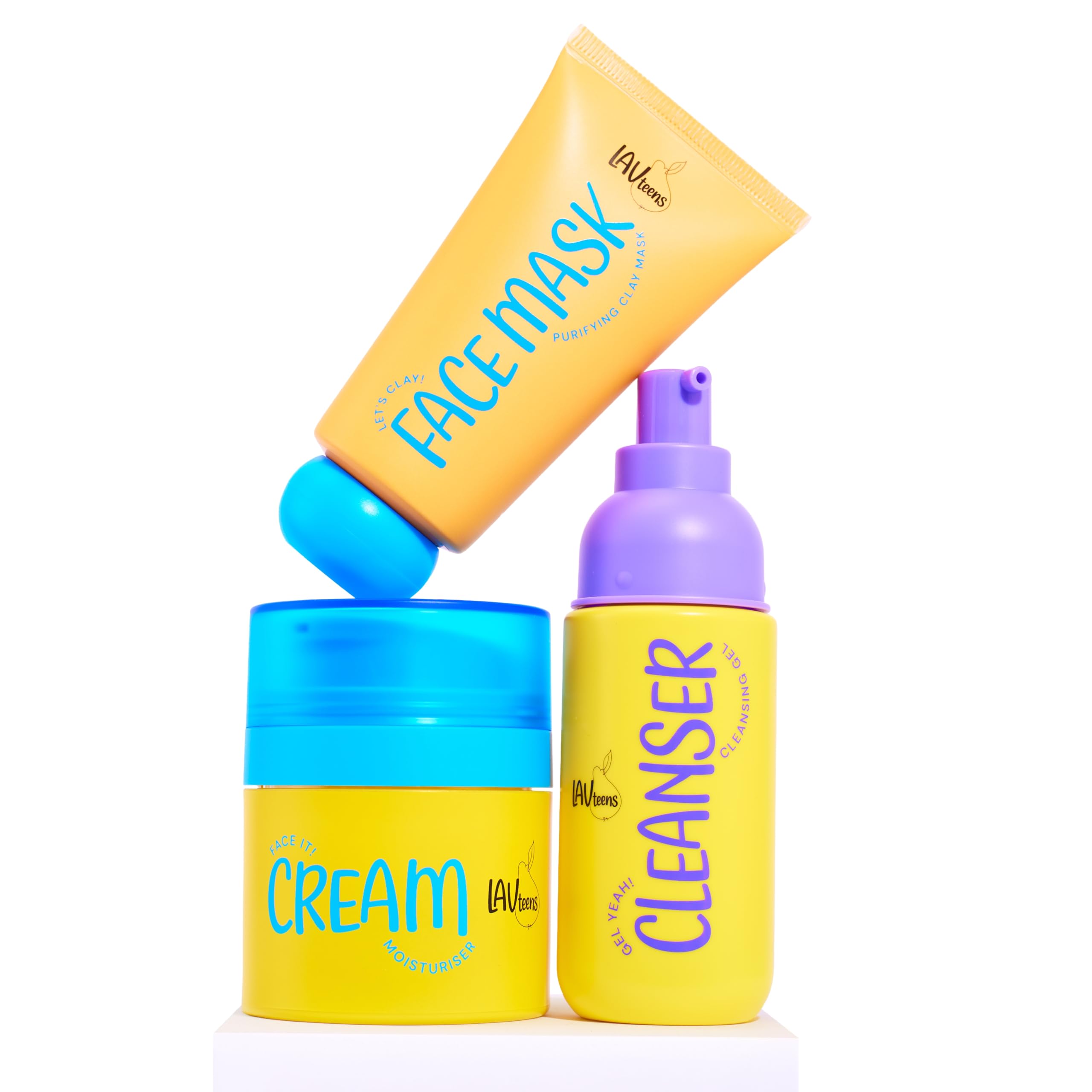 LAVteens Cleanse.Mask.Glow Hautpflege-Set für Teens, Gel-Reiniger, Kaolin-Tonmaske mit Niacinamid, Feuchtigkeitscreme mit Sheabutter