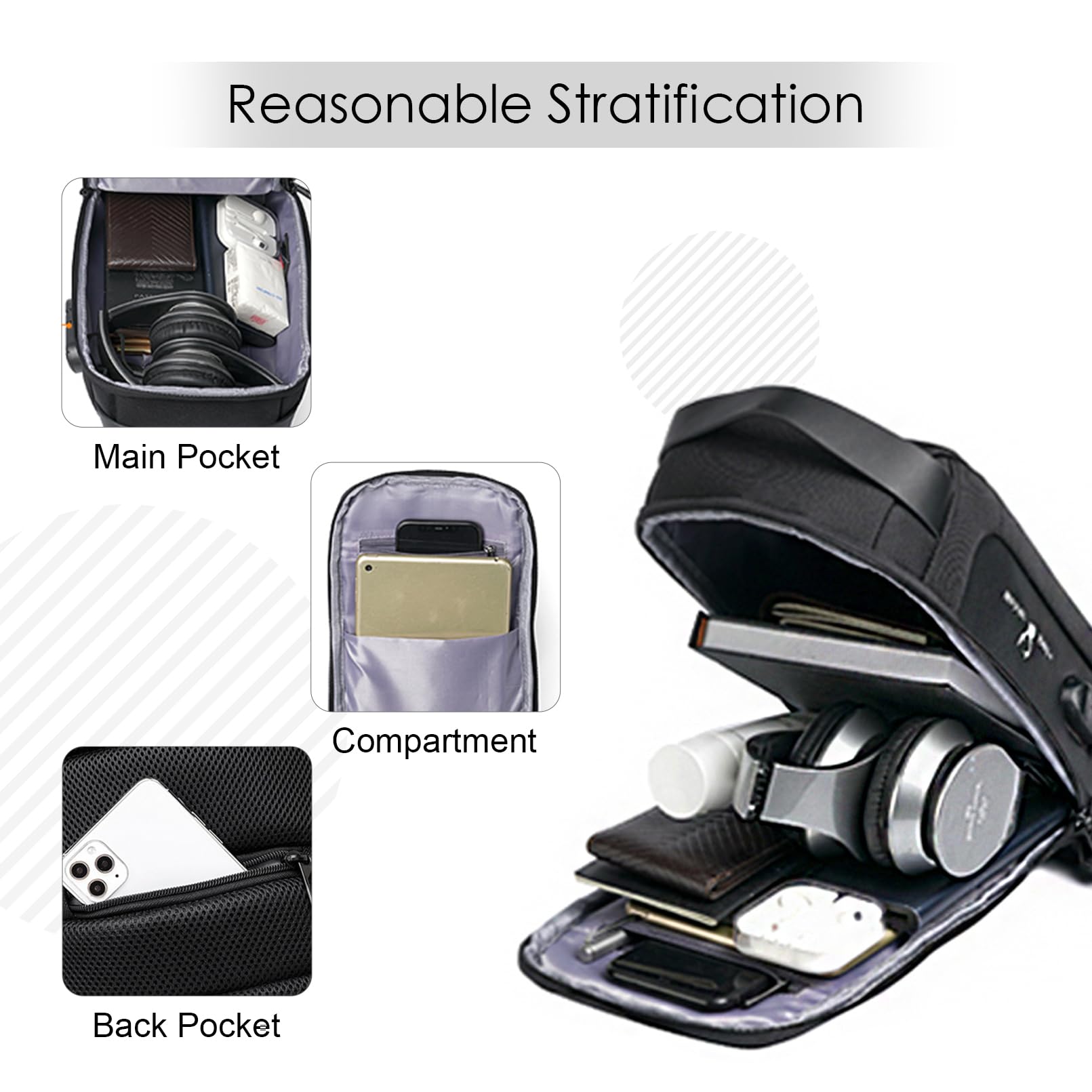 SPAHER Homme Sac de Poitrine Cuir Sacoche Homme Bandouliere Sac business Sac de loisir Sac a dos cuir pochette epaule homme Travers Pochette des Sports Affaires Voyage Noir
