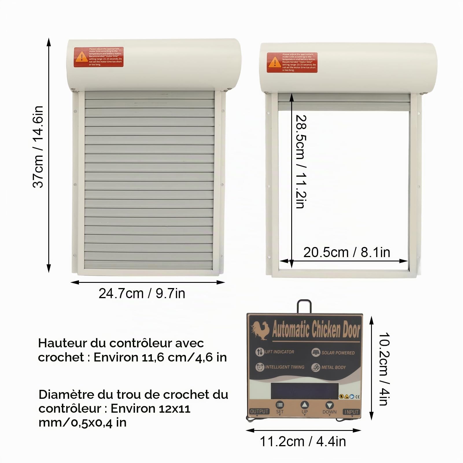Porte à énergie Solaire en Métal pour Ferme D'oies de Canard, Porte Automatique de Poulailler, Cages à Volet Roulant avec Minuterie, Mode Manuel pour Protéger Les Volailles (White)