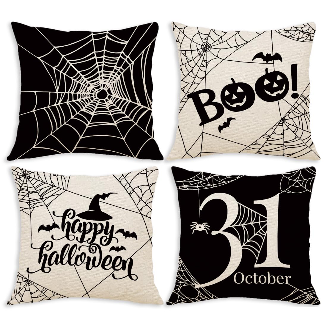 LANBEIDE Halloween Black and White Witch Spider Web Pumpkin Cushion Cover 45X45 Set of 4 Holiday Halloween Pillow Case for Home Sofa Indoor Outdoor Bedroom 18x18