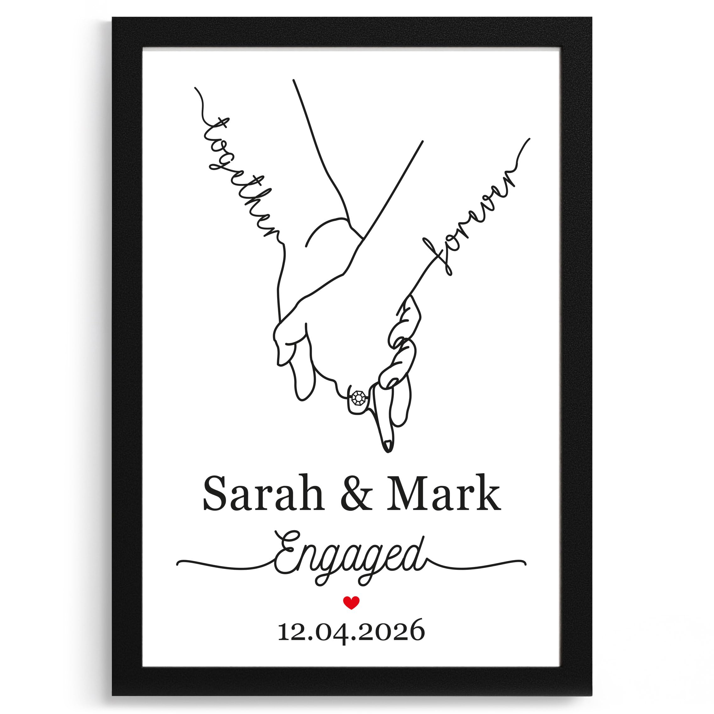 Beecreative Personalised Engagement Gifts For Couples - A5 A4 Print And Wooden Frame - Custom Engaged Gifts For Him Her With Any Names and Date