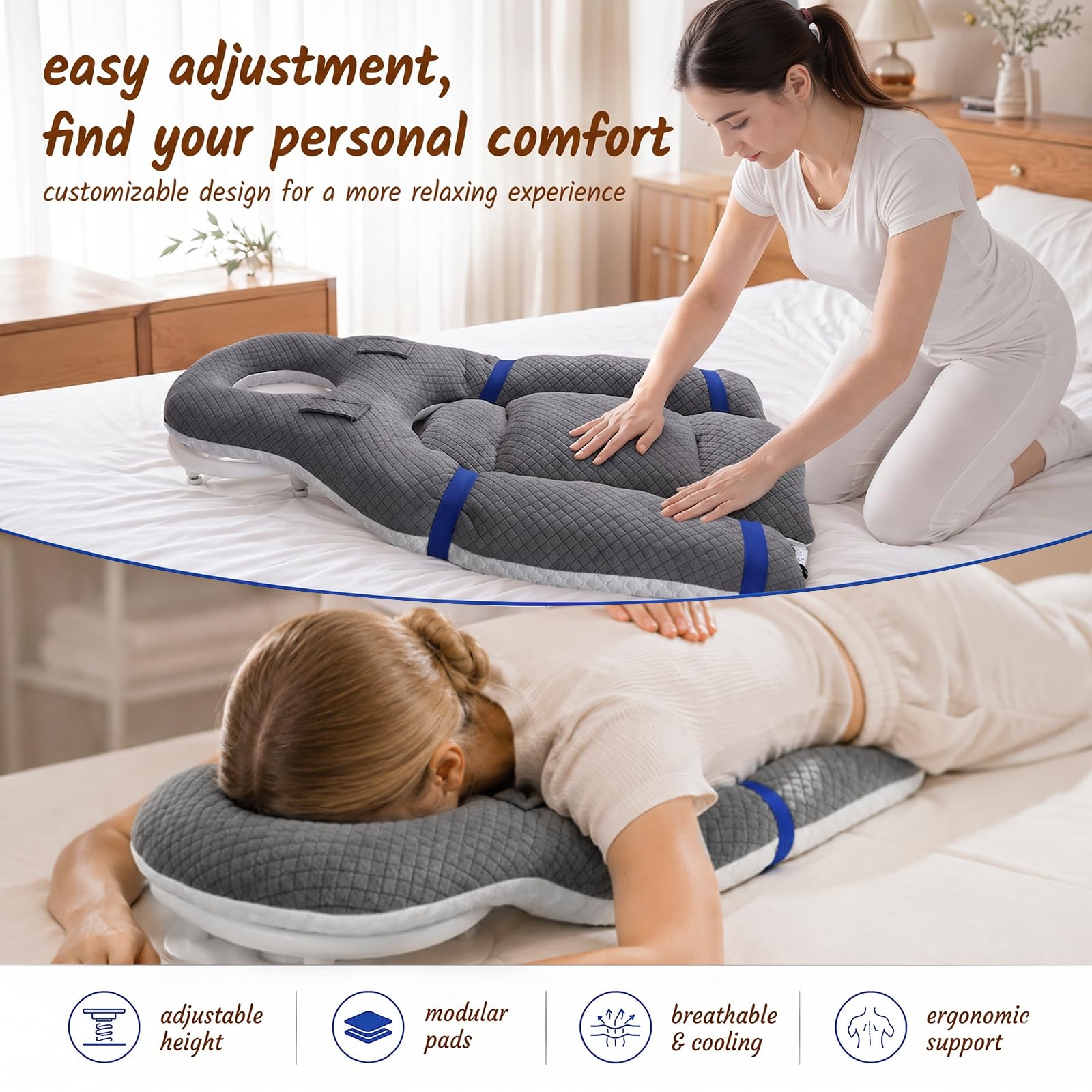Almohada para dormir boca abajo con orificio para la cabeza, almohada ergonómica para dormir boca abajo, para dormir boca abajo, masaje reposacabezas, soporte ajustable y almohadilla para el