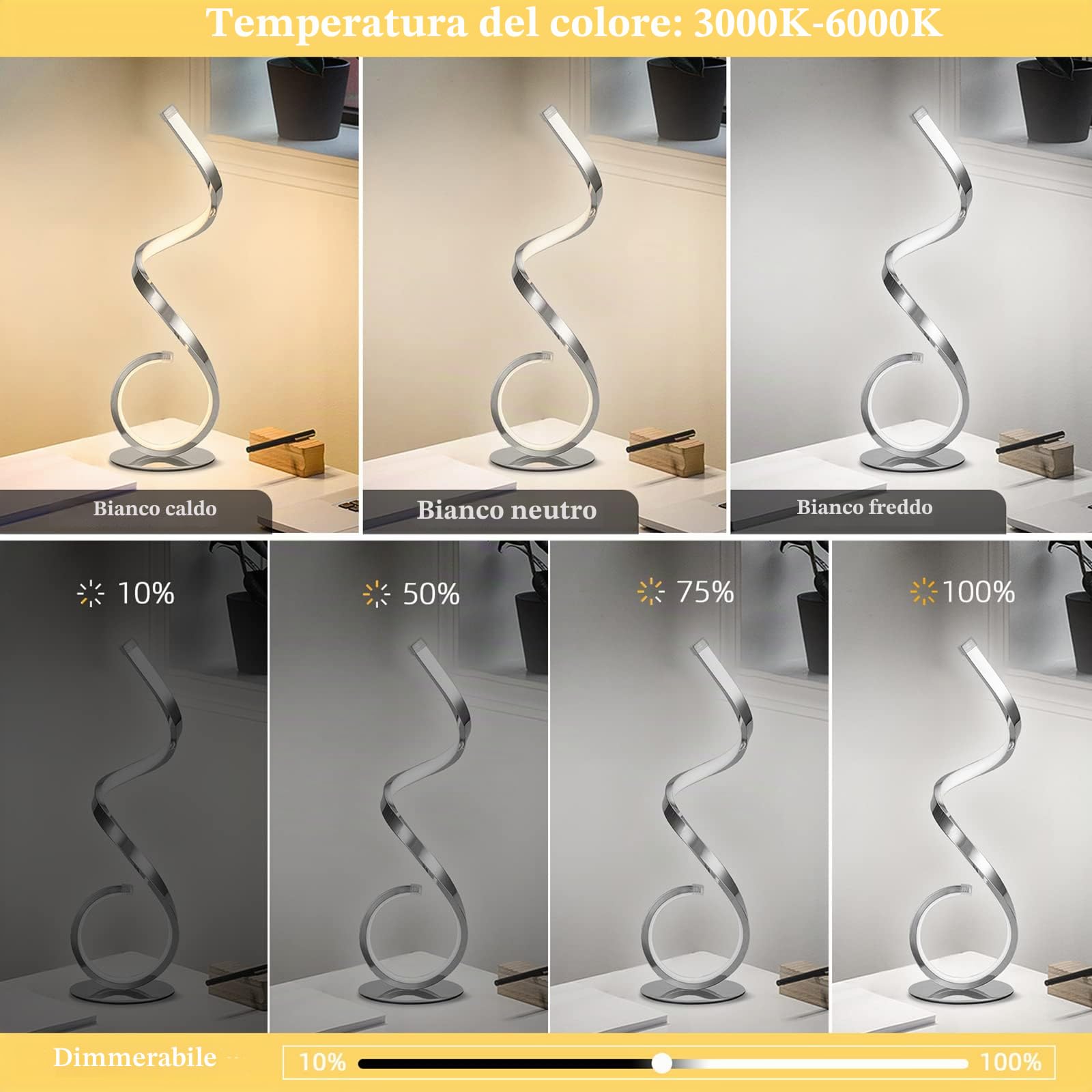 Lampada da tavolo a LED con design a spirale 22W, dimmerabile al tocco, lampada da scrivania, moderna lampada da comodino, bianco caldo bianco freddo 3 modalità di colore, 10 livelli di