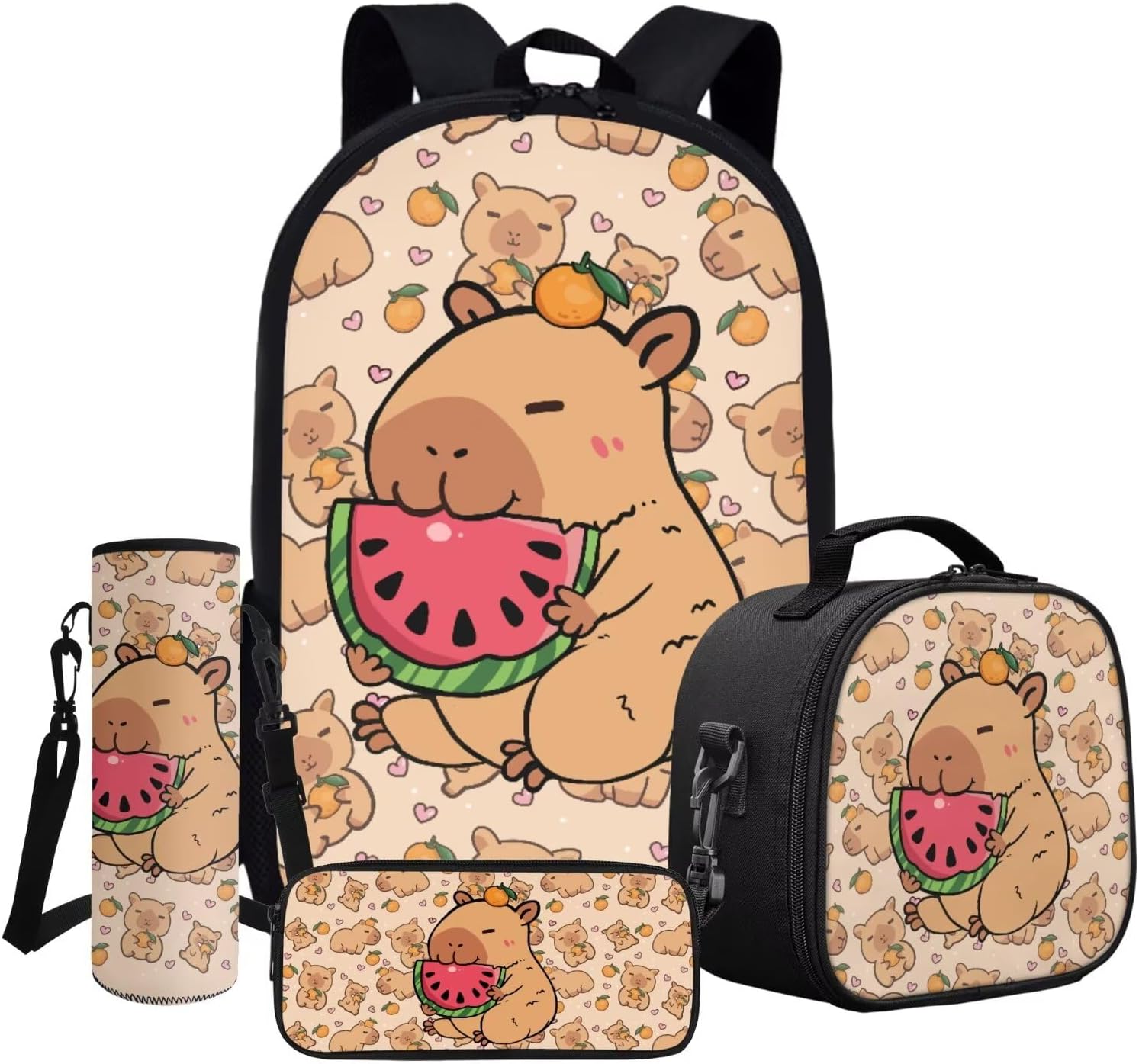 17 Inch School Book Bag Set 4 Pieces Backpacks Insulated Lunch Box Lightweight Kids Casual Backpack capybara watermelon Unit size