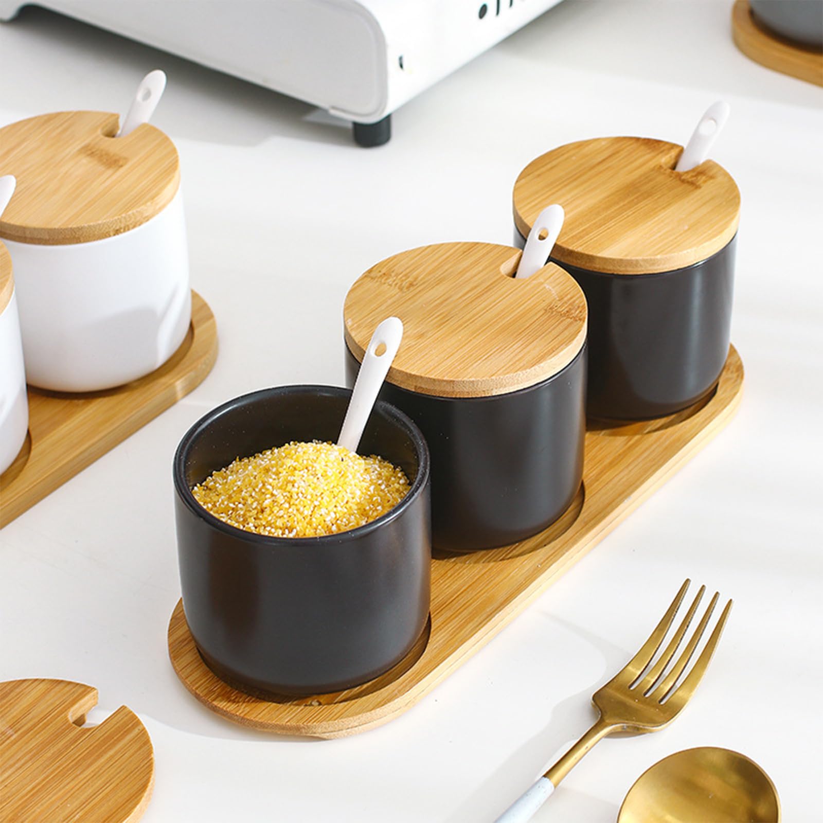 Ceramic Sugar Bowl, 250ml Sugar Pot with Spoon, Wooden Lid and Tray Spice Jar for Salt Sugar, Coffee, Tea - Image 4
