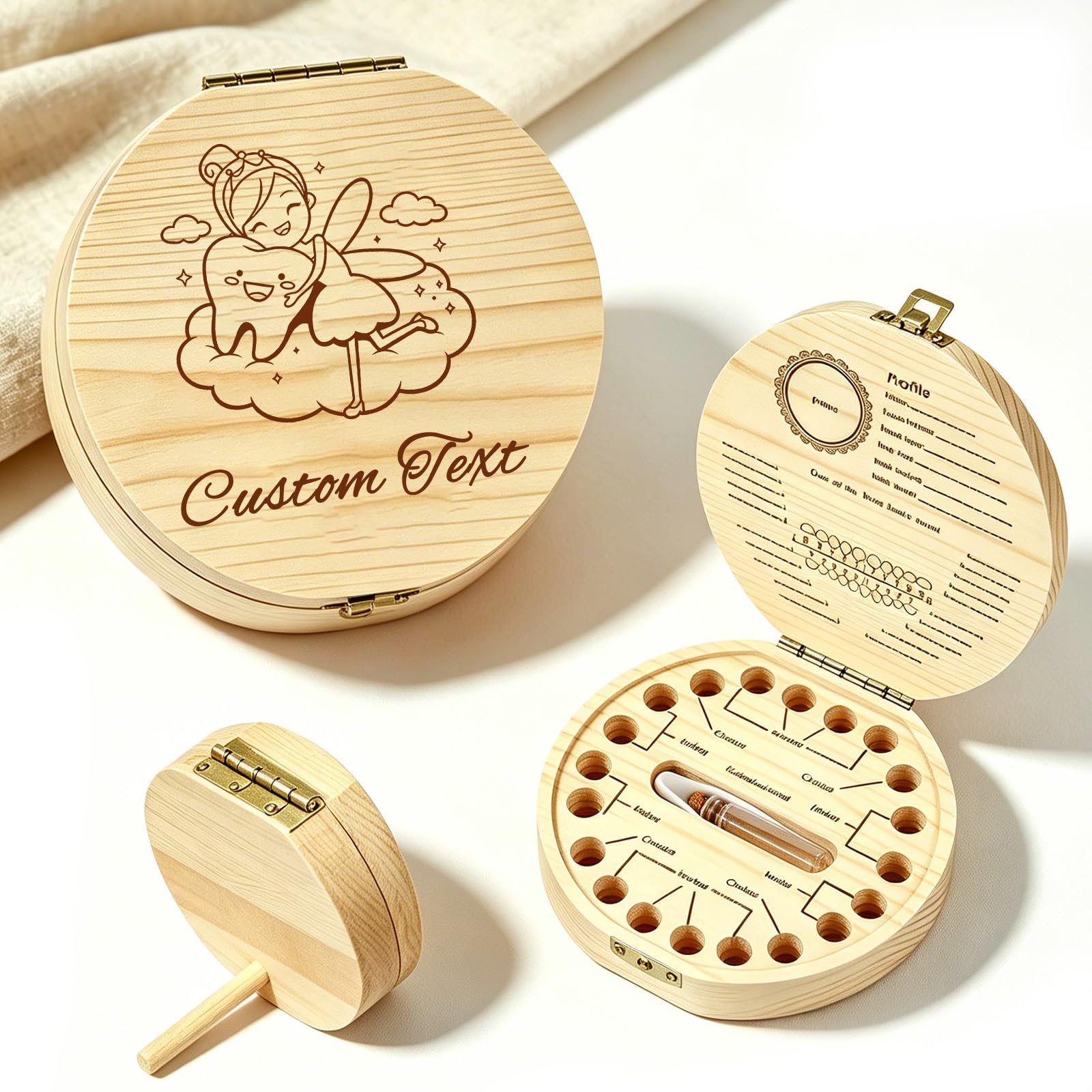 QSZ Personalized Wooden Tooth Keepsake Box with Name Text Custom Umbilical Cord Keepsake Box for Boys Girls Tooth Fairy Tooth Holder Gift for Full Moon Birthday (Tooth Fairy Kit - 4)