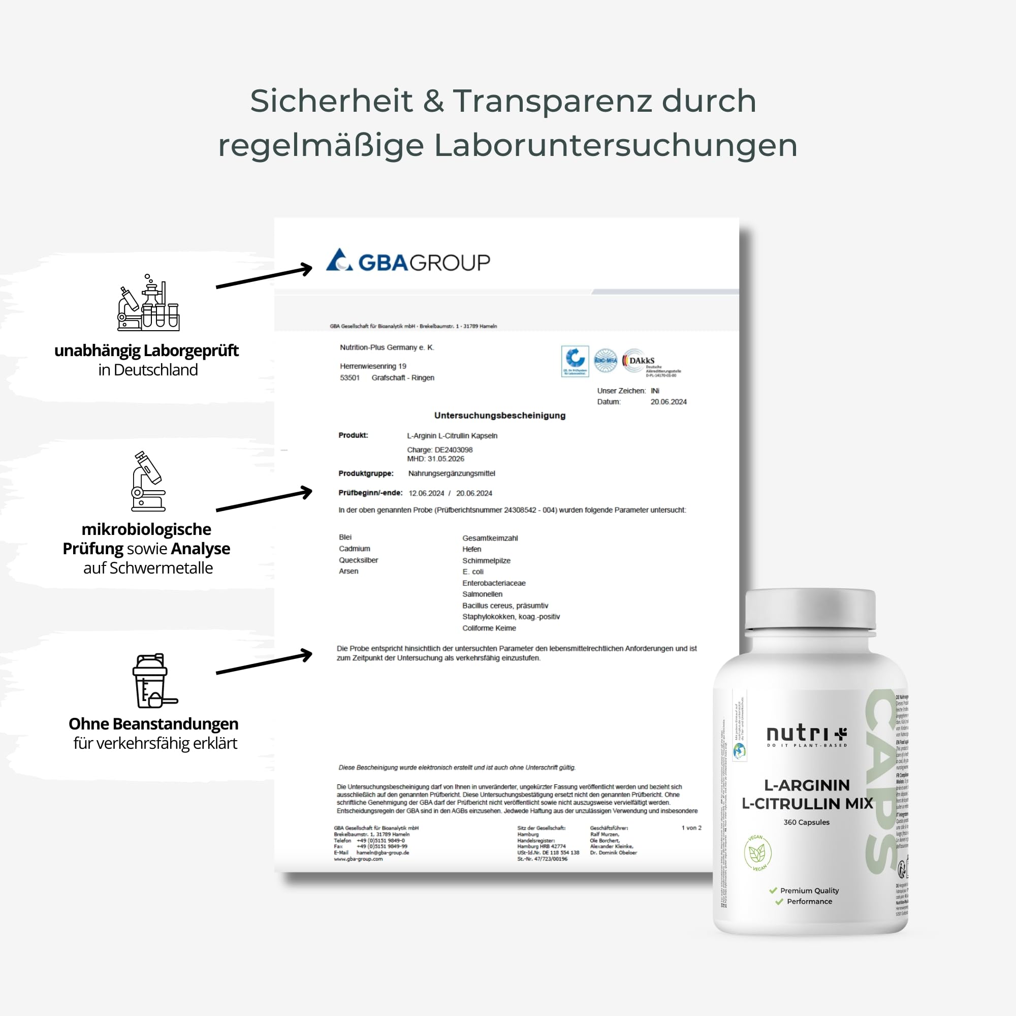 Nutri + Arginin Citrullin Kapseln - 360 Caps hochdosiert + vegan - 3000 mg L-Citrullin Malat + L-Arginin Base - Premiumqualität ohne + Zusätze