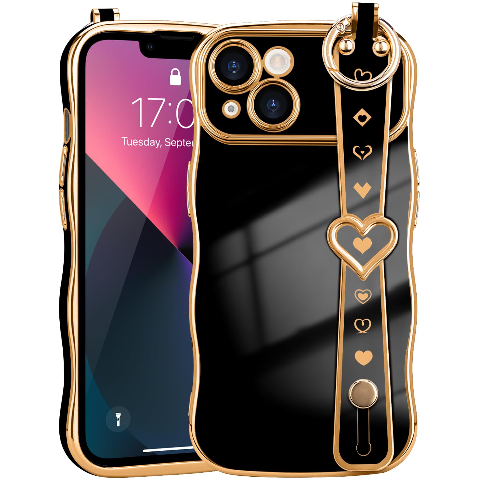 LLZ.COQUE for iPhone 13 Case for Women Girls, Wave Frame with Strap Cute Love-Heart Luxury Plating Curly Shape Cover Raised Camera Protection
