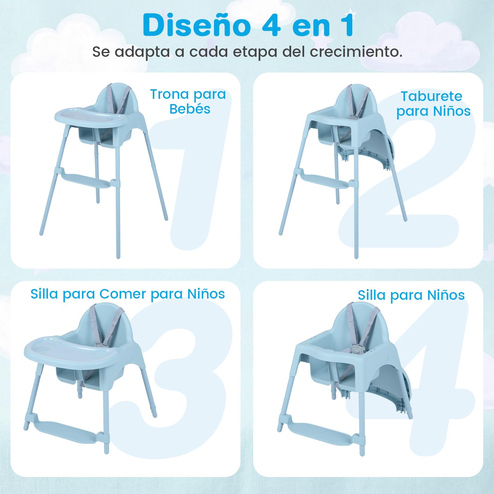 COSTWAY 4 en 1 Tronas de Bebe, Trona Infantil Convertible con 2 Alturas, Bandeja Doble Extraíble, Arnés de Seguridad de 5 Puntos, Reposapiés, Silla de Comer para Bebes de 6-36 Meses (Azul)
