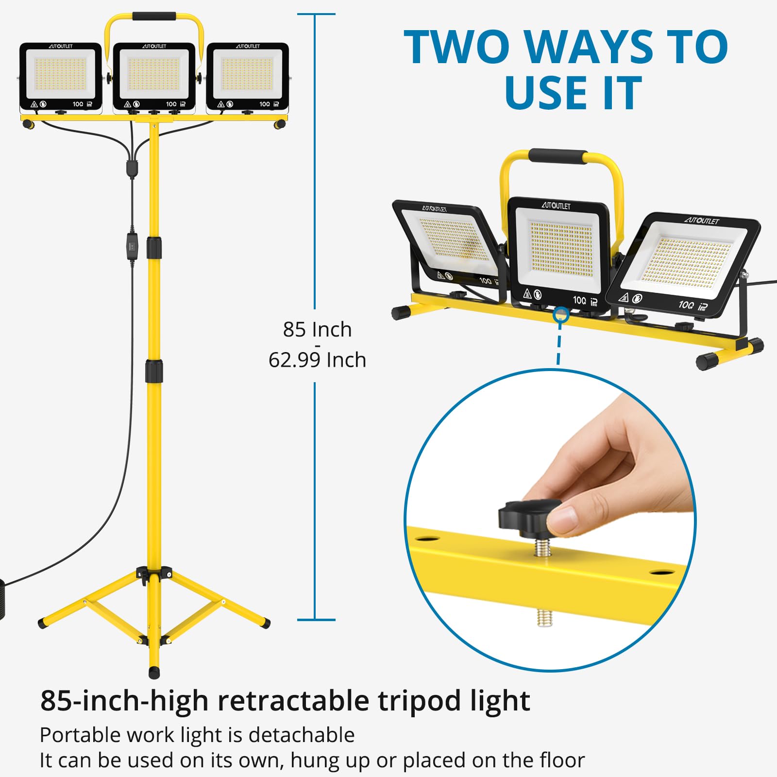 AUTOUTLET Reflektor budowlany LED ze statywem, 3 x 100 W, 27000 lm, lampa robocza z 3 trybami temperatury barwowej, regulowany statyw i kabel zasilający 5 m, wodoszczelny, IP66, zdejmowana lampa