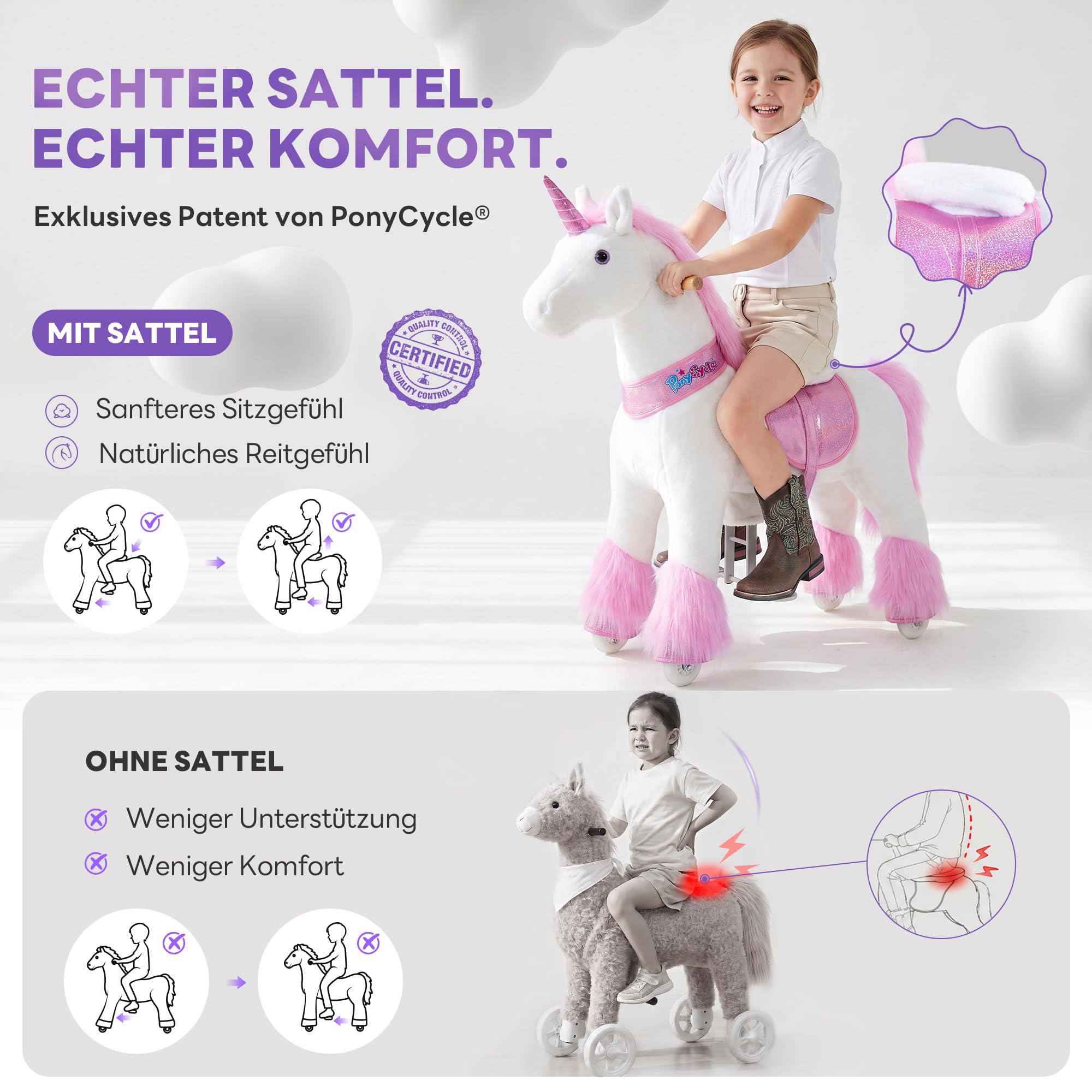 PonyCycle® Reitpferd auf Rollen | für Kinder 4–7 Jahre, 89cm | Schwarzes Plüsch Reitpferd mit Handbremse & Klang | Schaukelpferd, Stehpferd, Indoor & Outdoor | Klassisches Modell U – Ux426