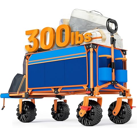 Old Bahama Bay 300lbs Extra Long 49" L Beach Wagon with Big Wheels with Brake for Sand, Collapsible Utility Beach Cart Heavy Duty Folding Wagon,Ideal for Outdoor Sand Camping Garden Pet