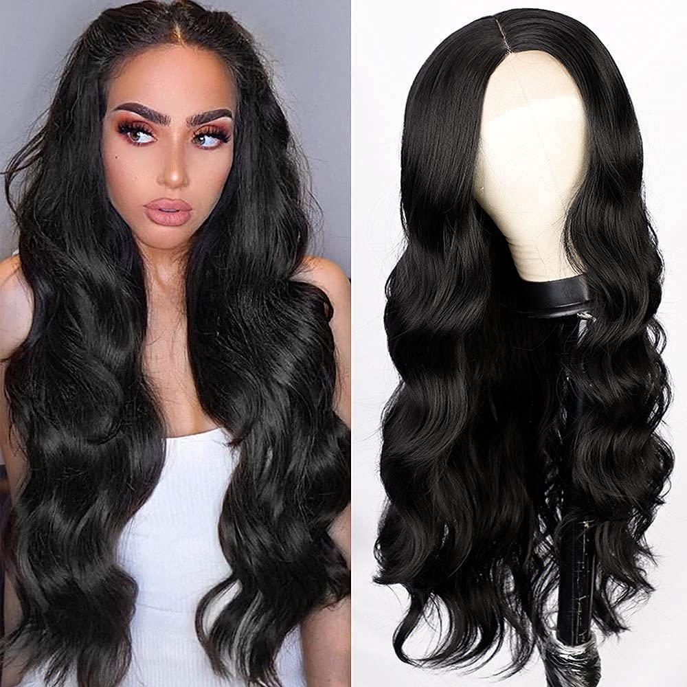 BLUSHIA 24 Inches Long Black Wig Women Long Hair Curly Wavy Black Wig for Women