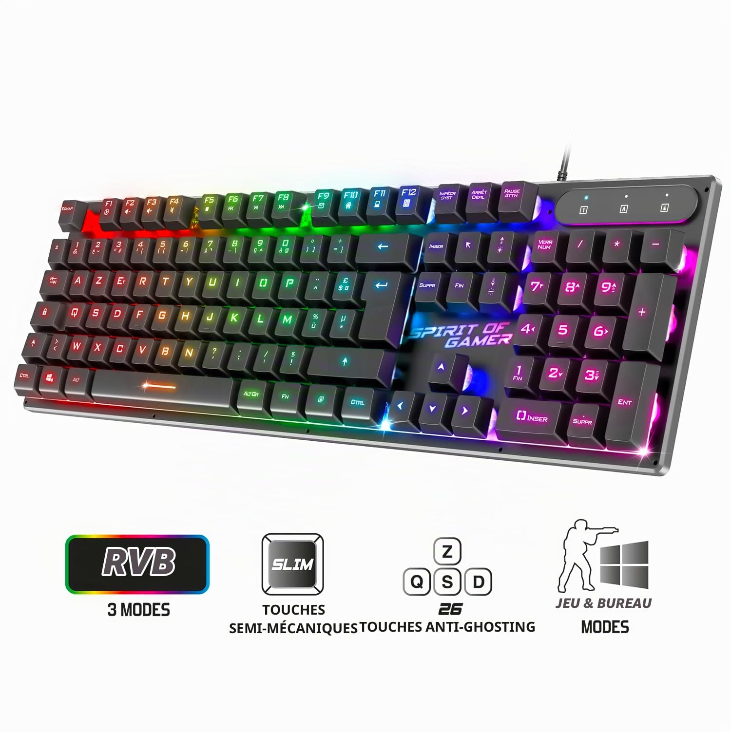 Spirit Of Gamer x Pro K1 | Clavier Gamer Semi-Mecanique Filaire pour PC | Layout Azerty Français | 26 Touches Anti-Ghosting | 3 Modes de Rétroéclairage RGB | Slim USB Gaming Keyboard