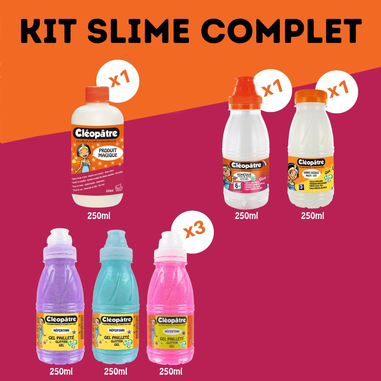 CLEOPATRE – Kit de Slime – Pour Fabriquer du Slime avec Colle Transparente, Colle Blanche, Produit Magique Activateur, Peintures et Paillettes – Lot 6 produits