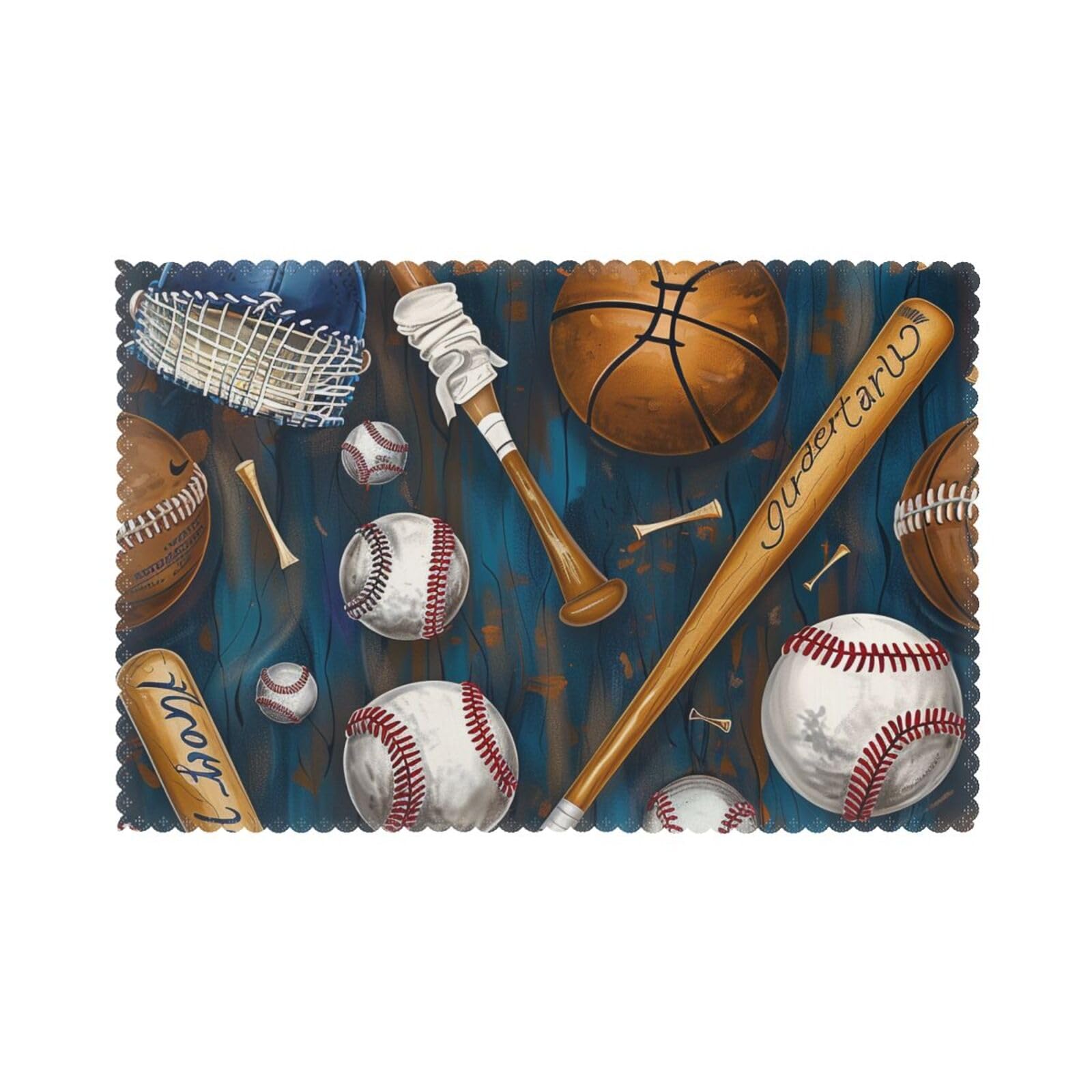 Baseball Basketball Football Hockey Printed Placemat Heat Resistant Place Mats Set of 6 PCS Washable Kitchen Table Mats, 12x18 Inch