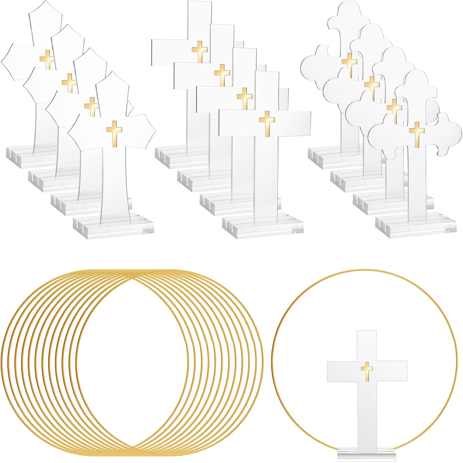 Wesiti 24 Pcs Baptism Centerpieces for Tables 12 Acrylic Crosses for Craft 12 Metal Floral Hoop Centerpiece with Stand Acrylic Cross Baptism Table Centerpieces for Baptism Party Wedding Decorations