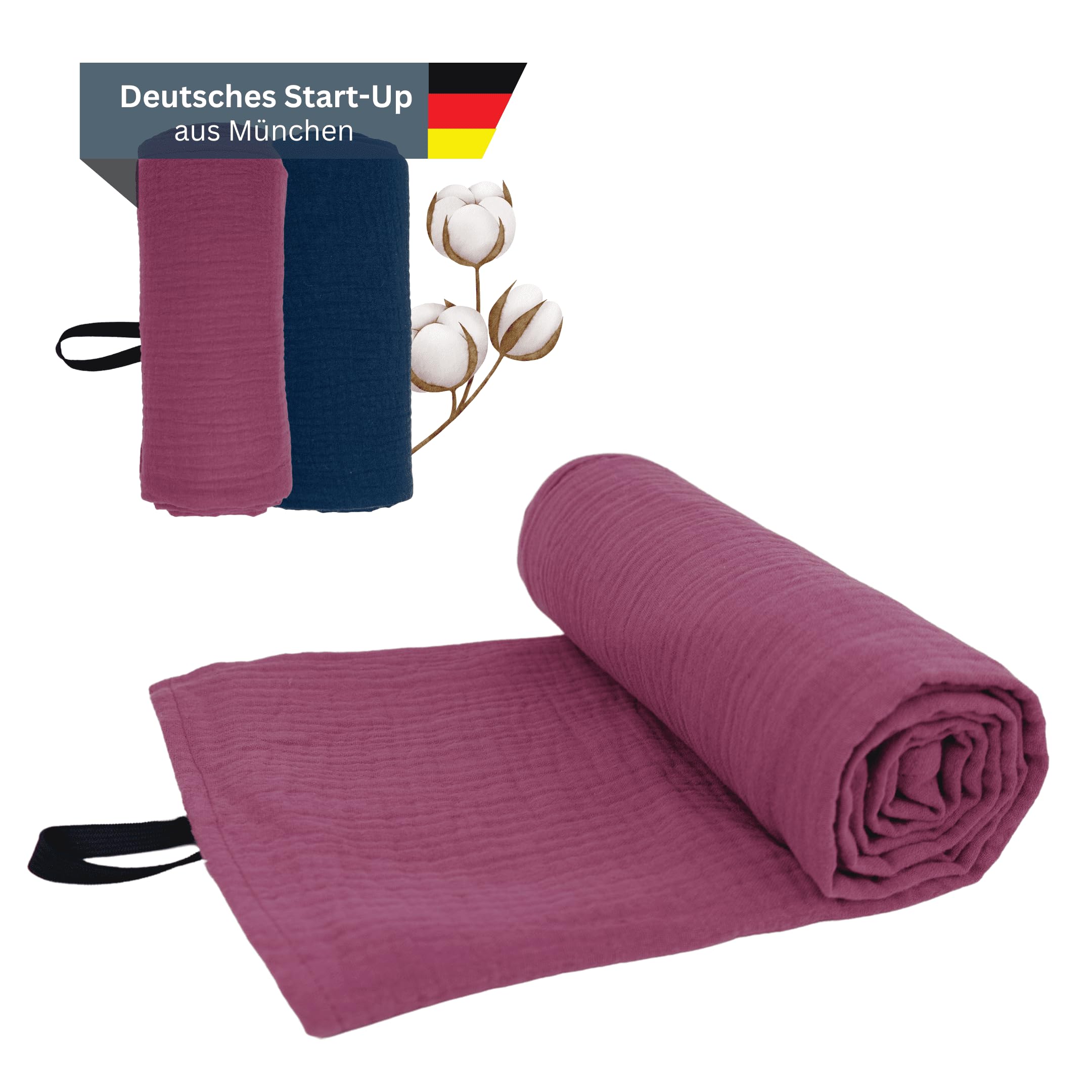Reisehandtuch - 100% Baumwolle - Oeko-TEX® - Schnelltrocknend - Leichtes Musselin Handtuch - Hergestellt in der EU - ideal für Strand, Sport, Fitness, Sauna, Camping