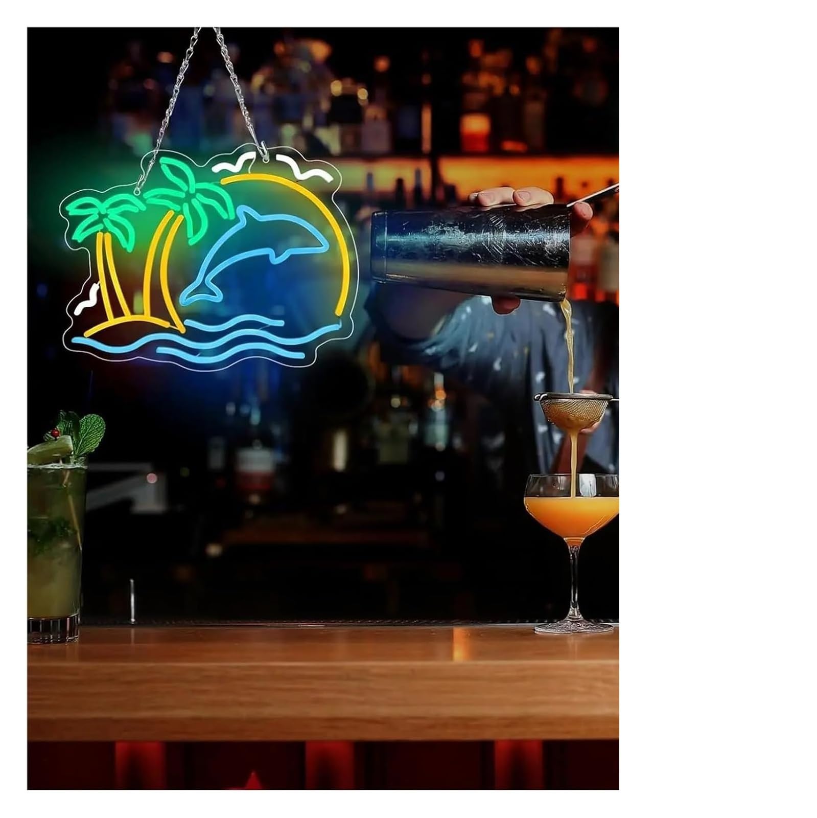 Insegna al neon a forma di palma e delfino, luce LED per soggiorno, club, 30x22,5 cm