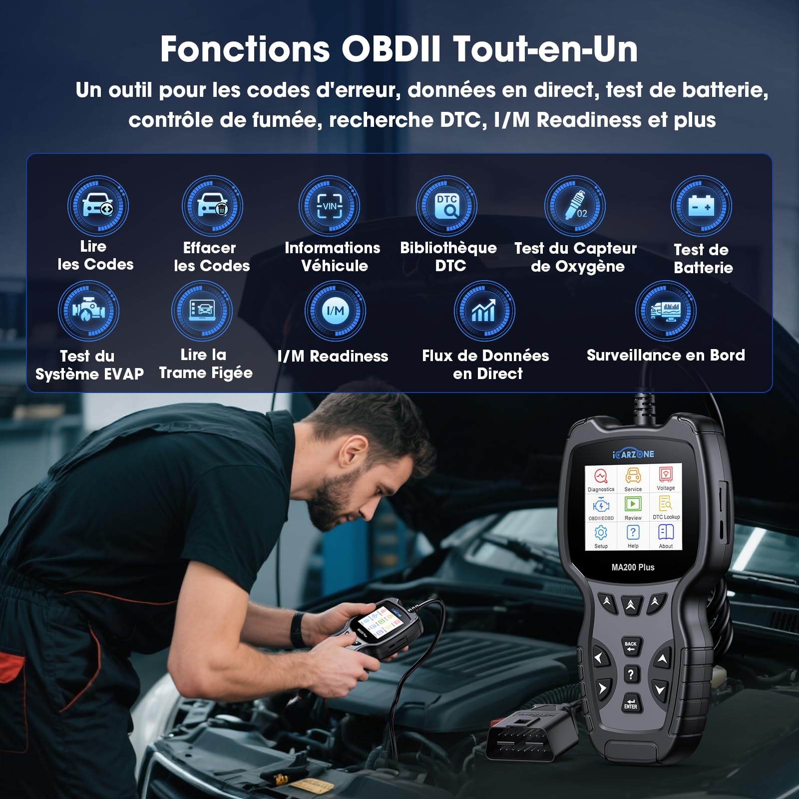 MA200 Plus Valise Diagnostic Auto, Diagnostic Voiture Multimarque pour Tous Les systèmes, 6 Fonctions de Service, Réinitialisation d’Huile/EPB/SAS/TPMS/DPF/BMS, Auto VIN, Mise à Jour à Vie