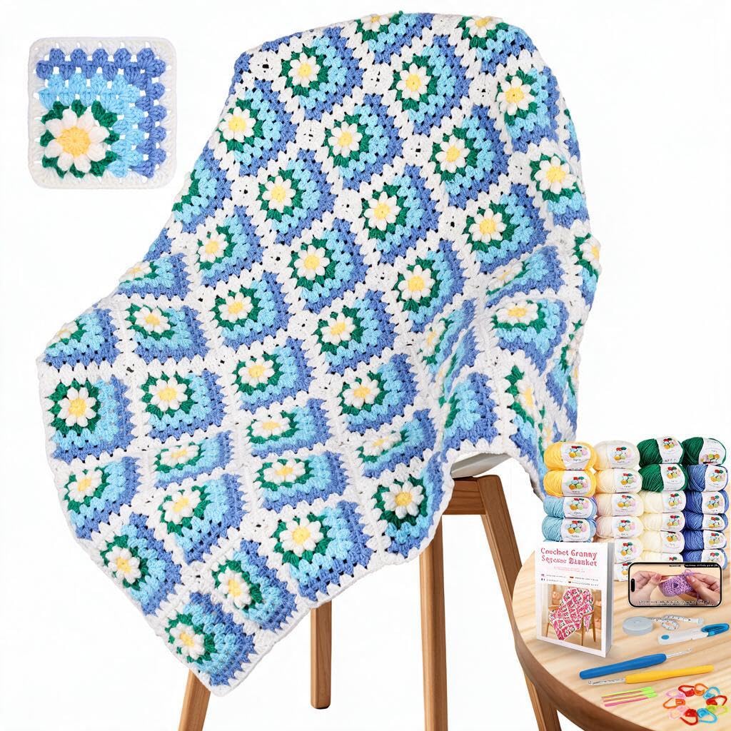 Coopay Kit Crochet Debutant Complet pour Granny Square avec Pelotes de Laine Crochet à Crocheter Couverture, Vidéo Tutoriel, Cadeau de Crochets Tricot - Bleu