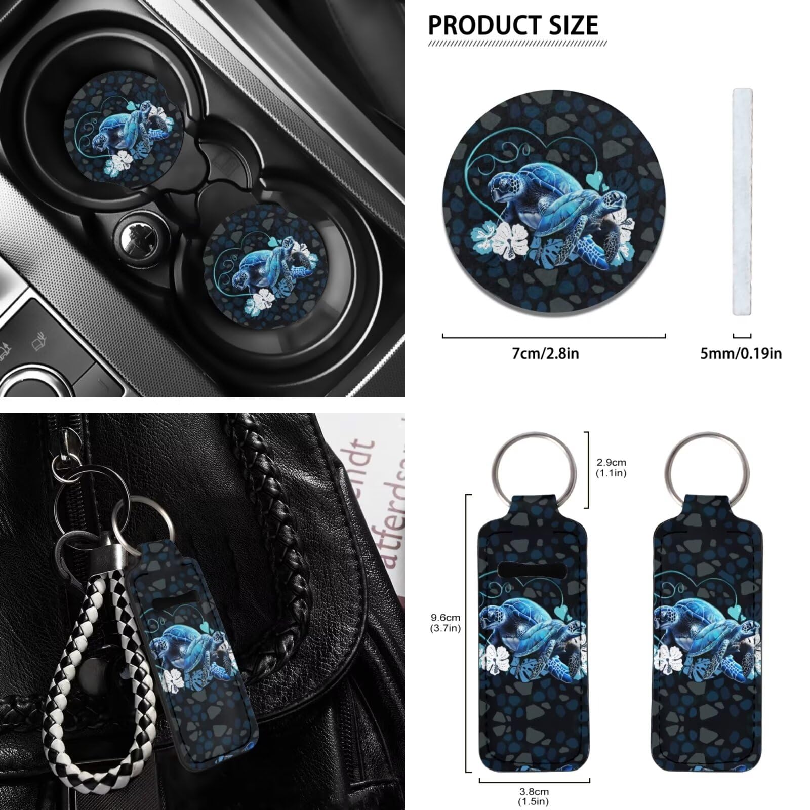 Set completo di 12 coprisedili per auto, accessori per auto, motivo tartaruga marina, set completo, cuscinetti per cinture di sicurezza, coprivolante, portachiavi per veicoli, sottobicchieri