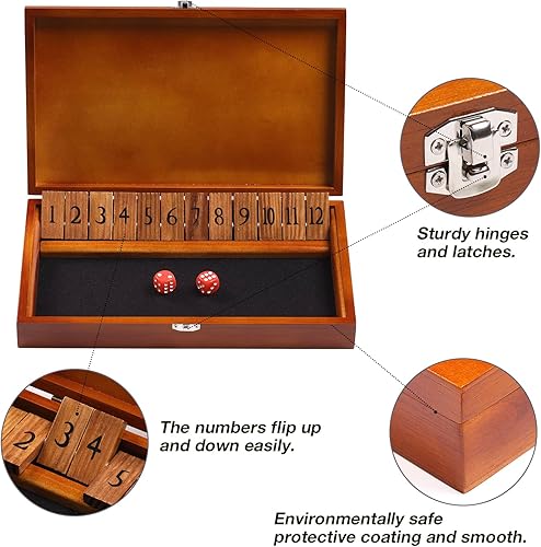Miniatura 2 de Juego de dados Shut The Box con 12 números y tapa, juego de mesa clásico de madera con 4 dados, paquete de regalo y reglas de juego, juego de cierre