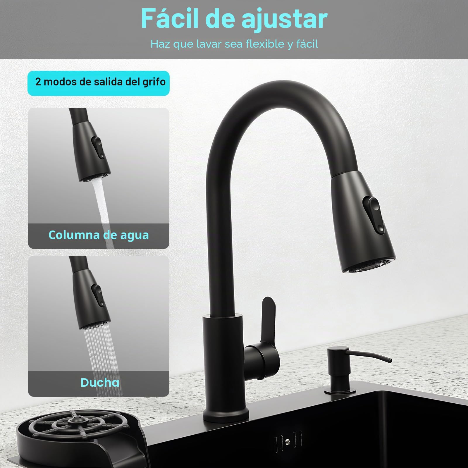 Fregadero empotrable acero inoxidable 50x45 cm negro con grifo dispensador jabón escurridor