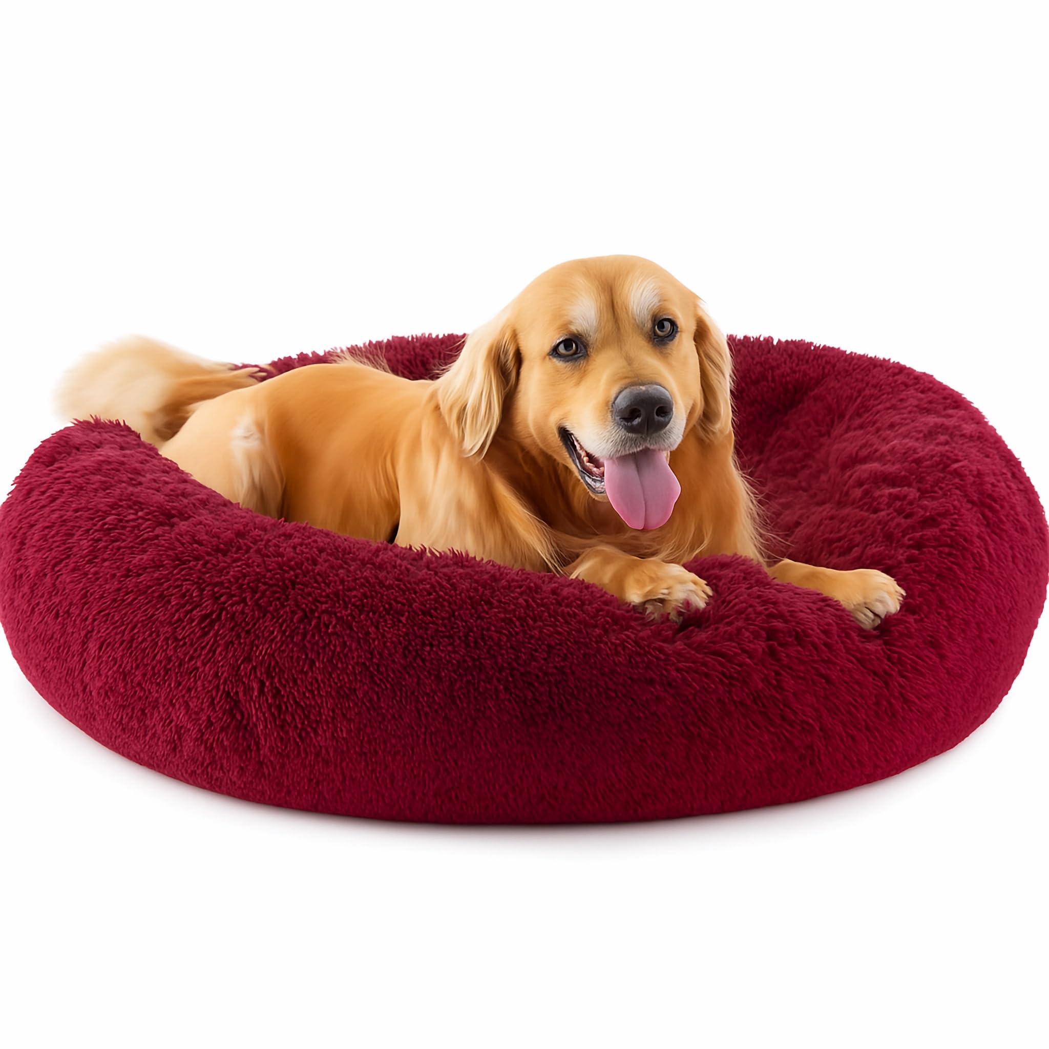 SEOUGEE Calming Donut Dog Bed, Fluffy Plush Round Cat Bed, Cosy Soft Washable Cushion Self-Warming Pet Beds Non-Slip Bottom, Indoor Sleeping Cuddler Nest for Medium Large Dogs (Burgundy 100cm)