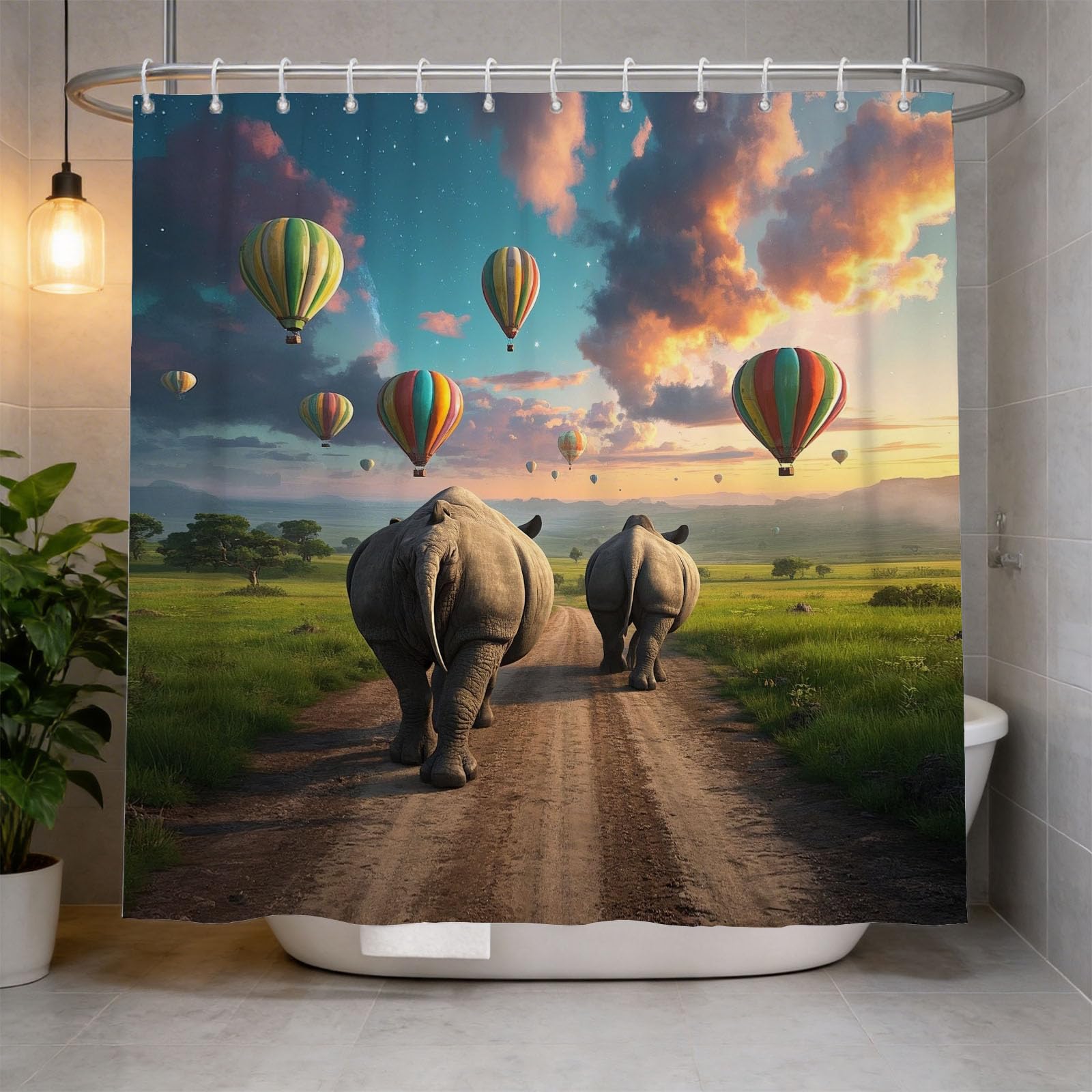 Hongduo 3D Cartoon Rhino Shower Curtain for Stalls Bathtubs Romance Theme Bathroom Decor Shower Curtain Set Polyester Fabric Waterproof 180x180cm/71X71 Inch with Hooks