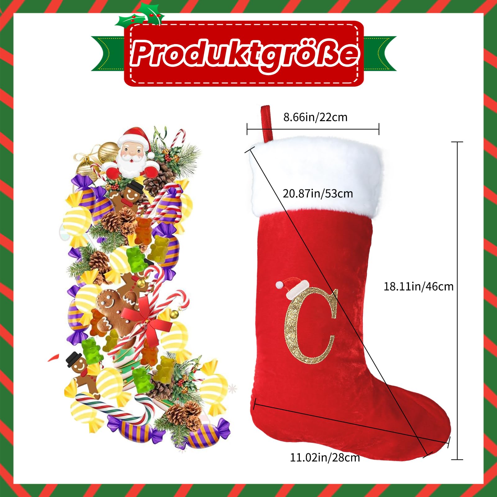MSQ Chaussettes de Noël personnalisées de 45 cm avec Lettre C Rouge Velours | super doux pour Noël sapin de Noël vacances cheminée famille décoration