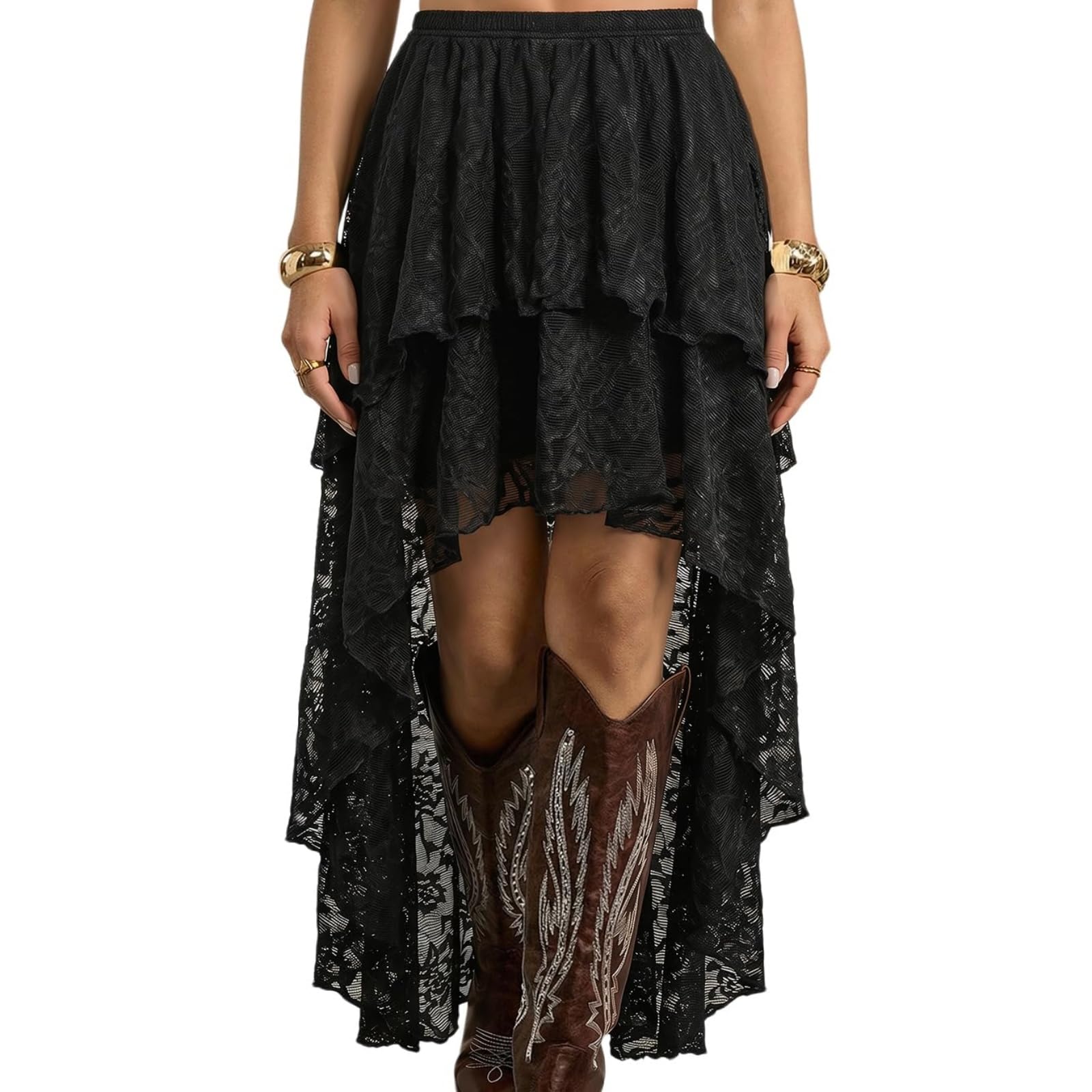 Générique Jupe Longue à Volants en Dentelle et Tulle superposés pour Femme, Coupe trapèze, Style bohème, Ourlet Tendance, idéale pour Les Sorties. (Black,S)
