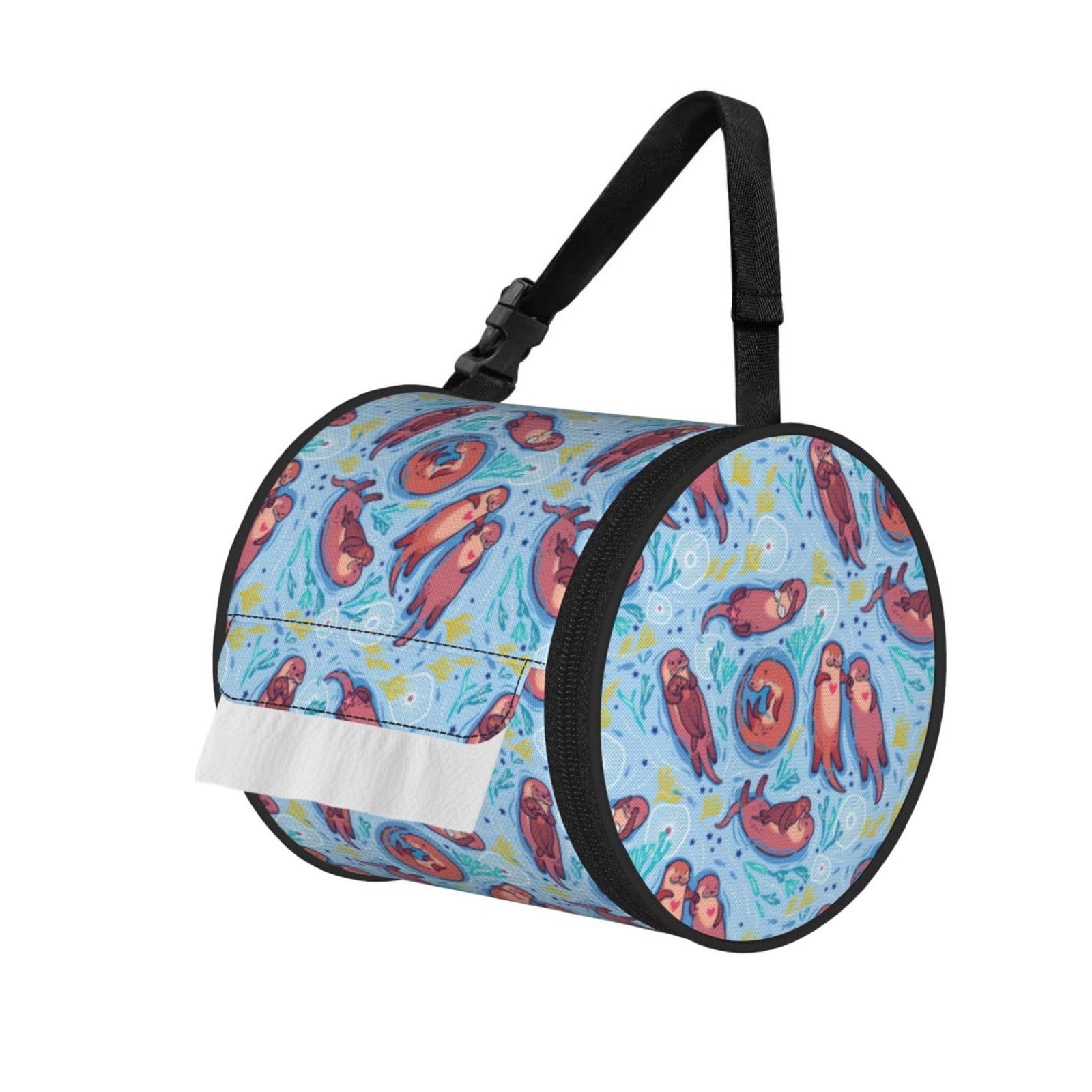 Jiuty Black Animal Cute Brown Otters Print Cylinder Tissue Organizer Bag With Strap, Portable Toilet Roll Holder For Camping Car