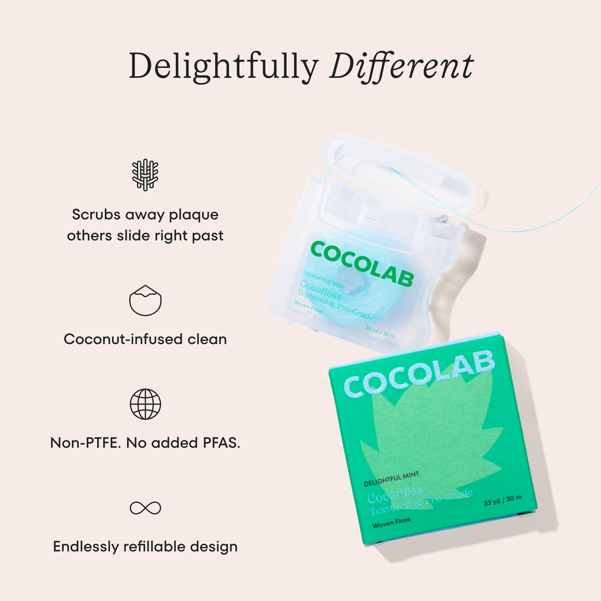 COCOFLOSS Coconut-Oil Infused Woven Dental Floss | Mint | Dentist-Designed | Vegan and Cruelty-Free | 8 month Supply (32 Yds x 4 Units)