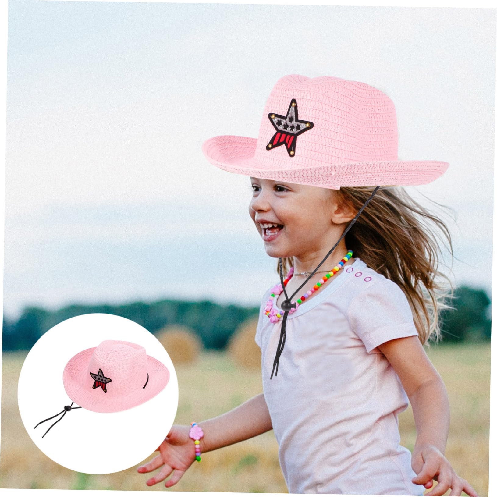 YSJNHX Cappello di Paglia per Bambini Cappello da Sole da Spiaggia per Bambini Tesa Larga Traspirante Decorazione per Feste in Stile Occidentale Protezione Estiva all'aperto Rosa