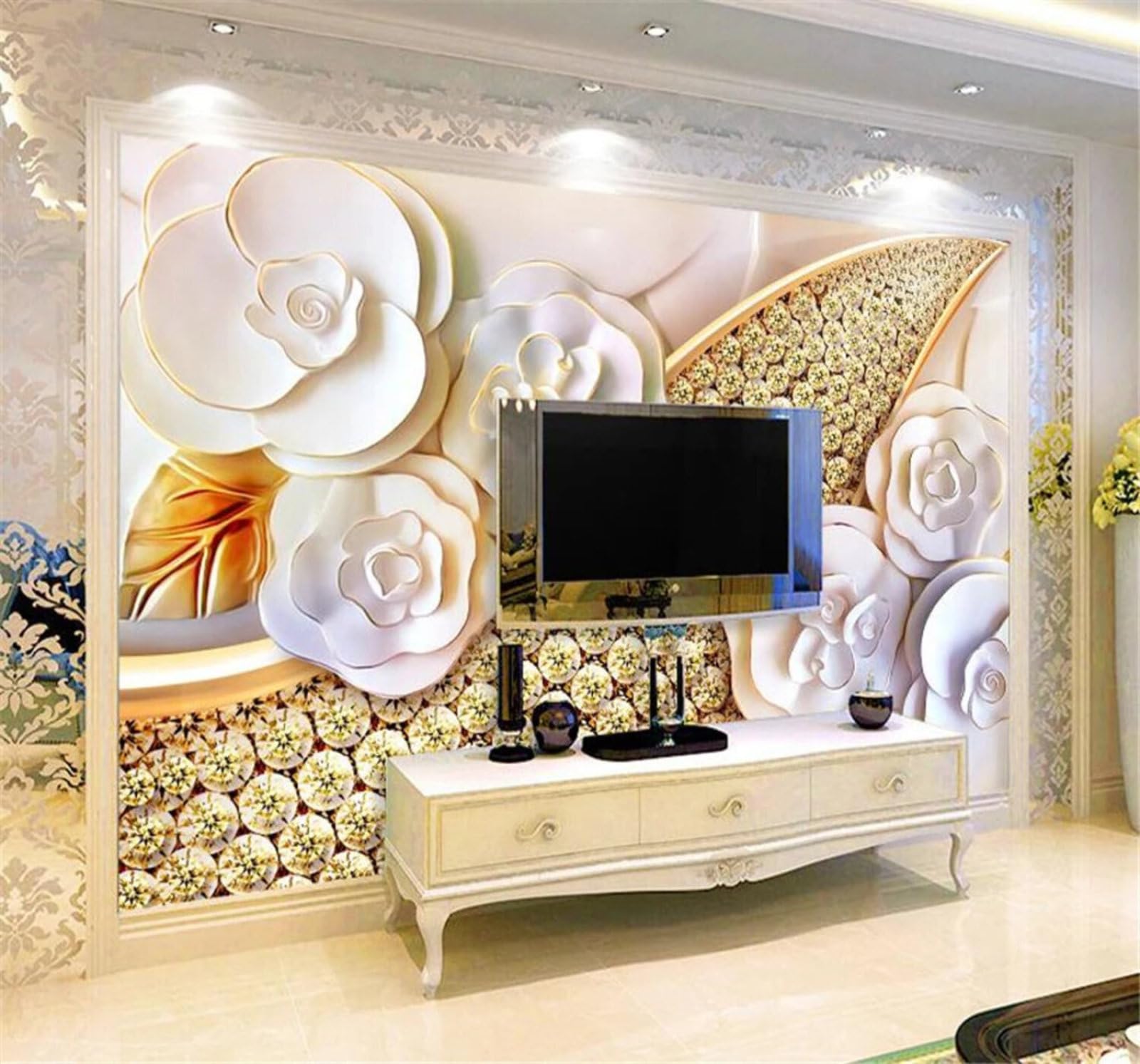 Embossed Luxurious Diamonds Flowers Jewellery 3D Wallpaper Easy Install Feature Office Living Room Sofa Bedroom TV Background Wall Decoration-400cm×280cm