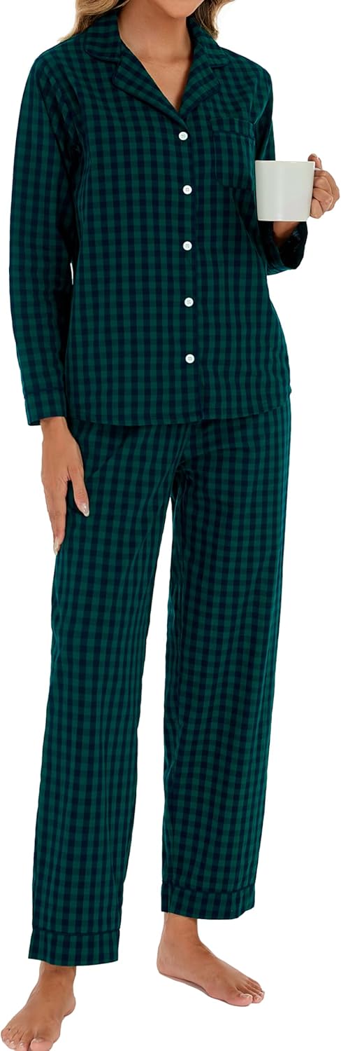 LUBOT Pyjama voor dames, geweven, 100% katoen, lange pyjama met knoopsluiting, tweedelige pyjama voor vrouwen, winter, kreukvrij en ademend, S - XXL, Roze Sakura, L