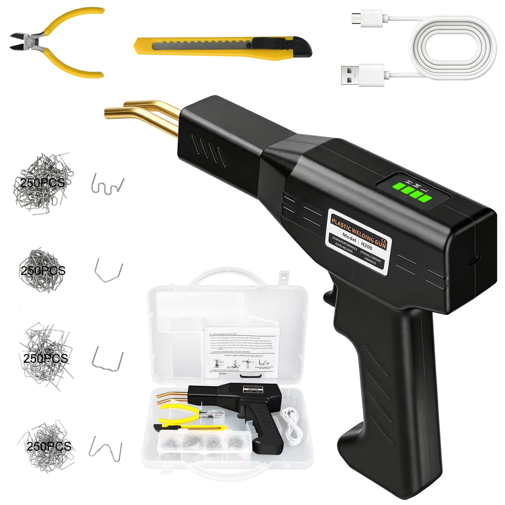 Kit de Soldador de Plastico Inalámbrico 200W, 2 en 1 Plástico Soldadura Reparando con 1000Pcs Grapas, Batería Recargable de 5000 mAh con USB-C, Luz LED, para Parachoques de Coche
