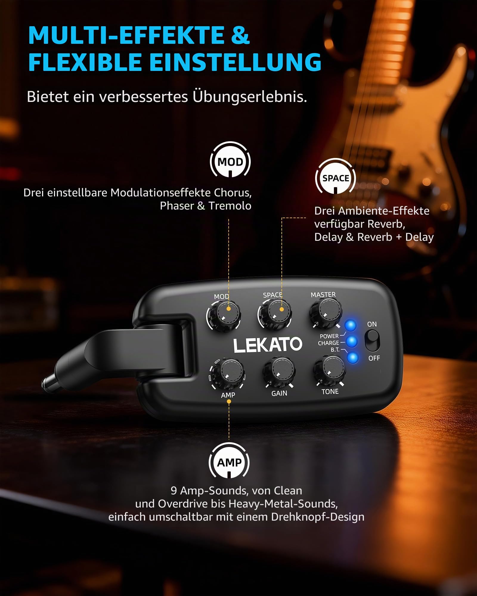 LEKATO Gitarren-Kopfhörerverstärker, Tragbarer Plug-in-Übungsverstärker für E-Gitarre/Bass, 9 Amp-Modelle/6 Effekte, Bluetooth, 180° Stecker, OTG-Funktion, Anfänger wiederaufladbarer Taschenverstärker