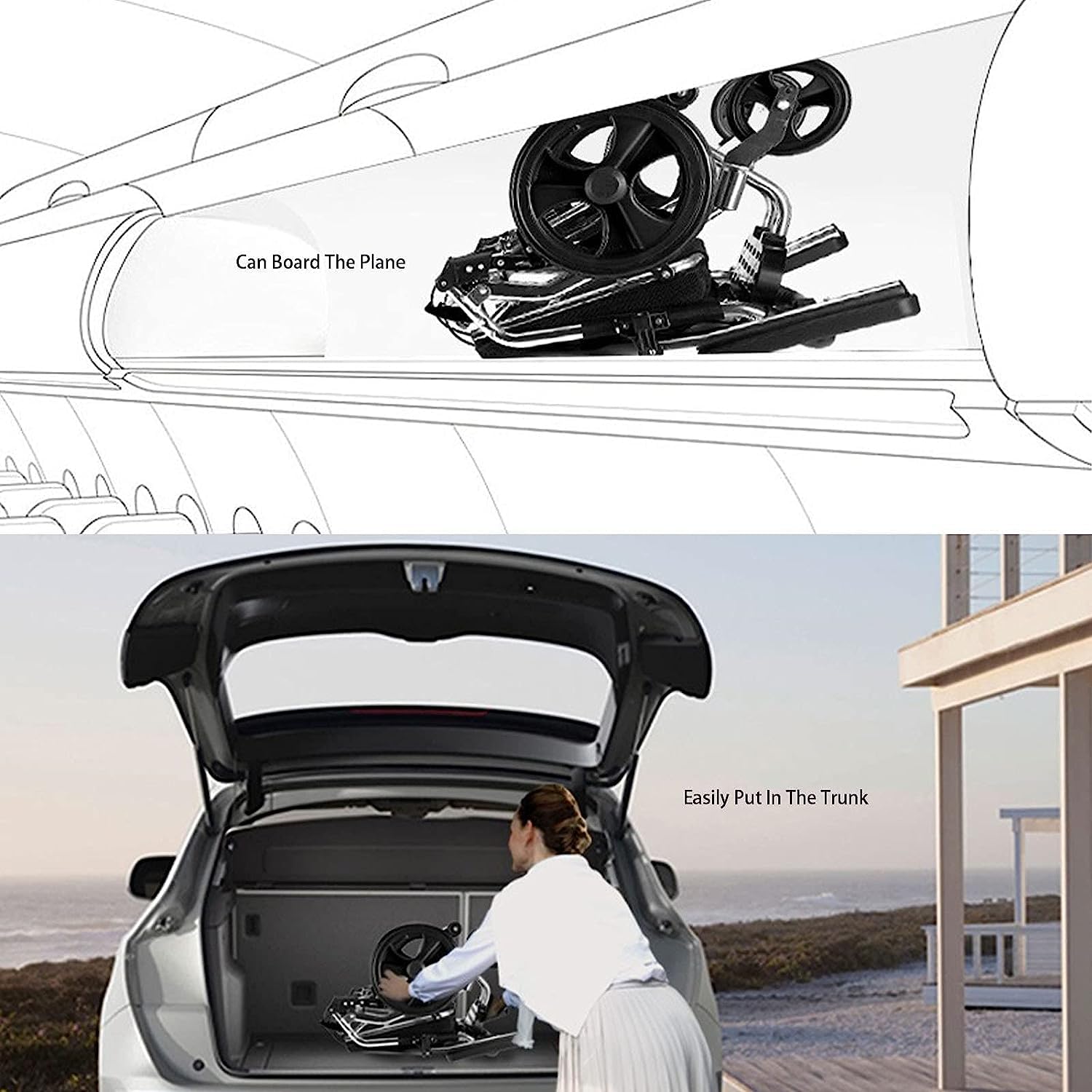 Silla de ruedas plegable portátil con freno de mano, ruedas traseras de 8 ", silla de ruedas de viaje ultraligera con reposabrazos abatible para ancianos